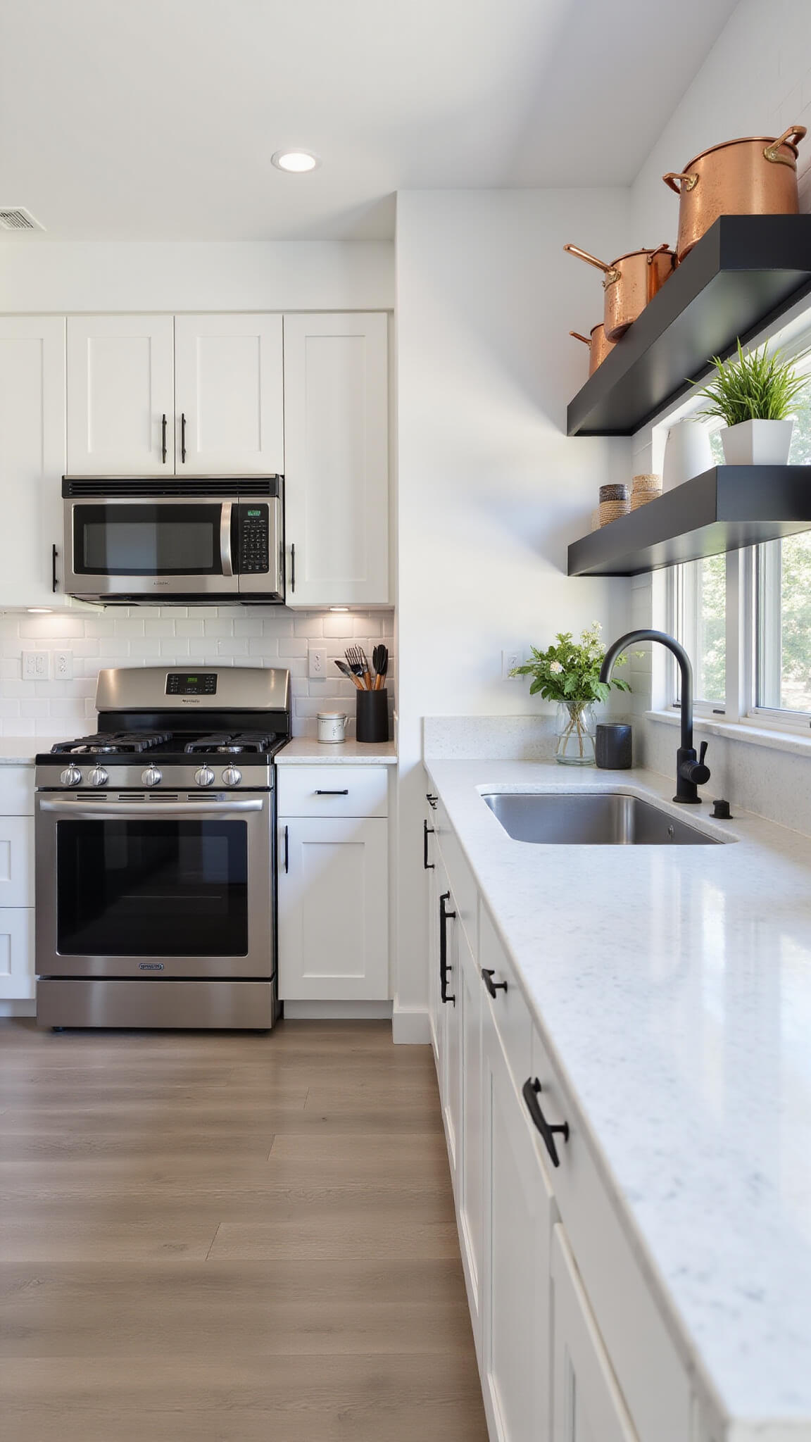 Bird's eye view of a modern L-shaped kitchen with white cabinets, matte black fixtures, quartz waterfall counter, stainless appliances, floating shelves with copper cookware and potted herbs, in natural and LED lighting.