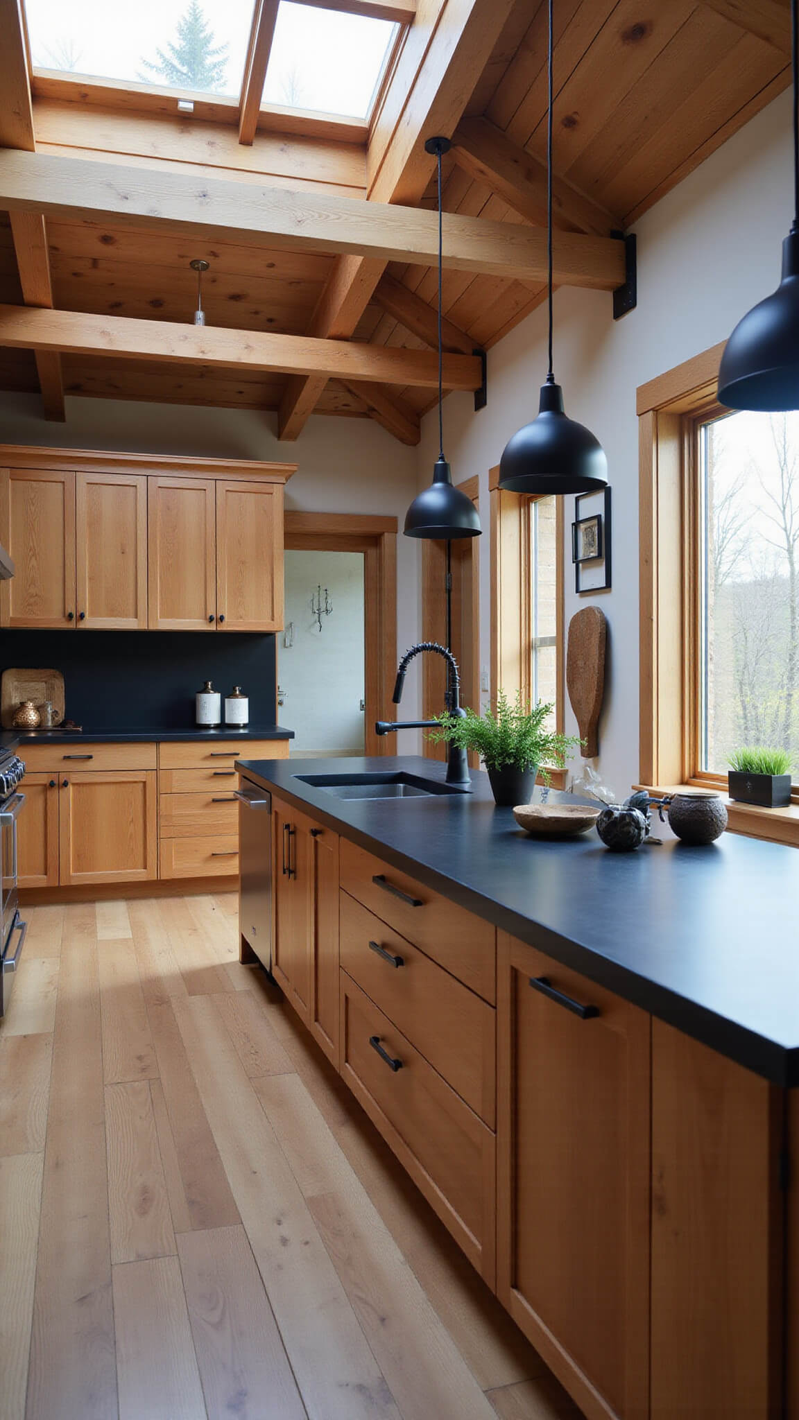 Modern rustic kitchen with red oak cabinets, matte black countertops, exposed wooden beams, and industrial black pendants under skylight during blue hour.
