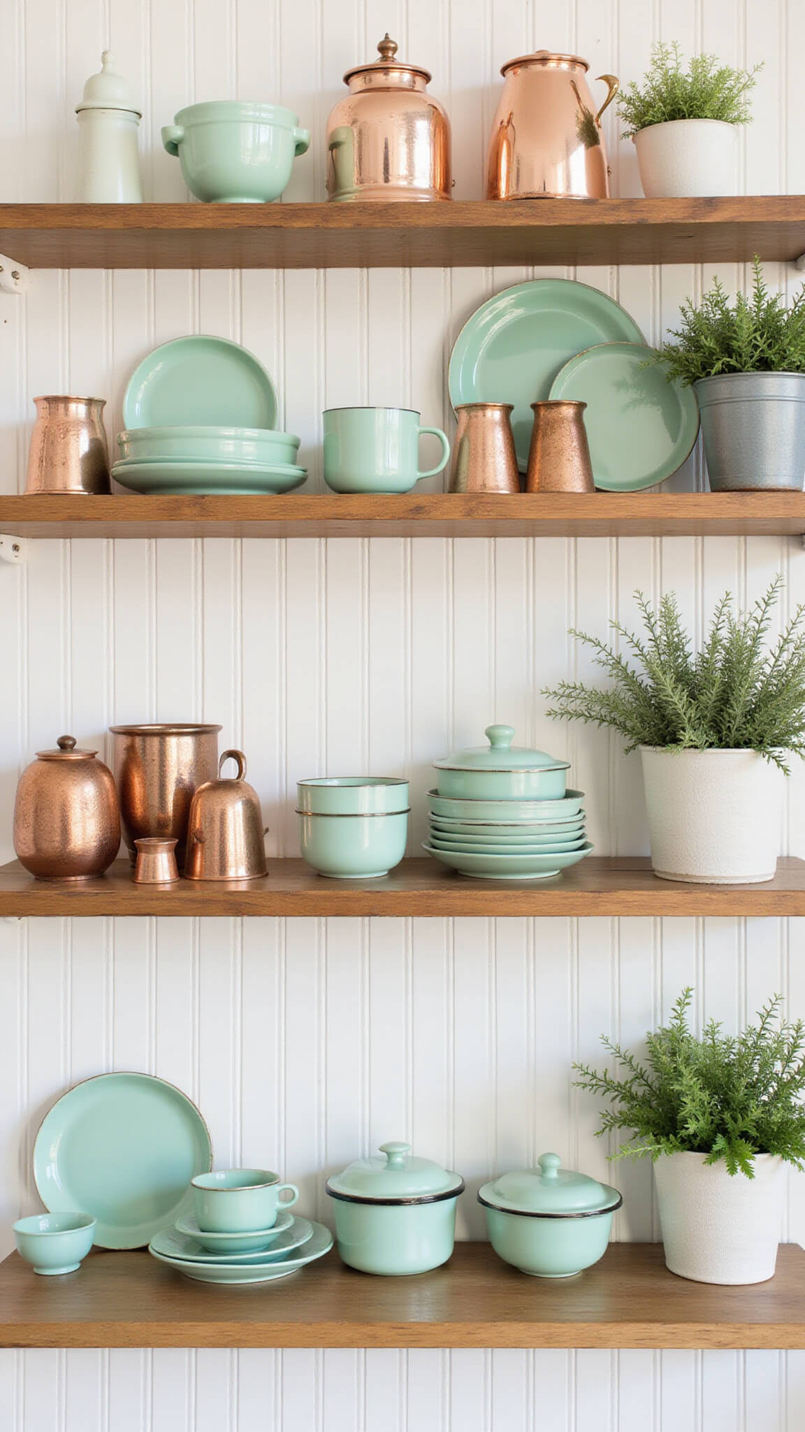 Open wooden kitchen shelves with jadeite dishes, copper molds, pastel enamelware, and potted herbs against white beadboard.