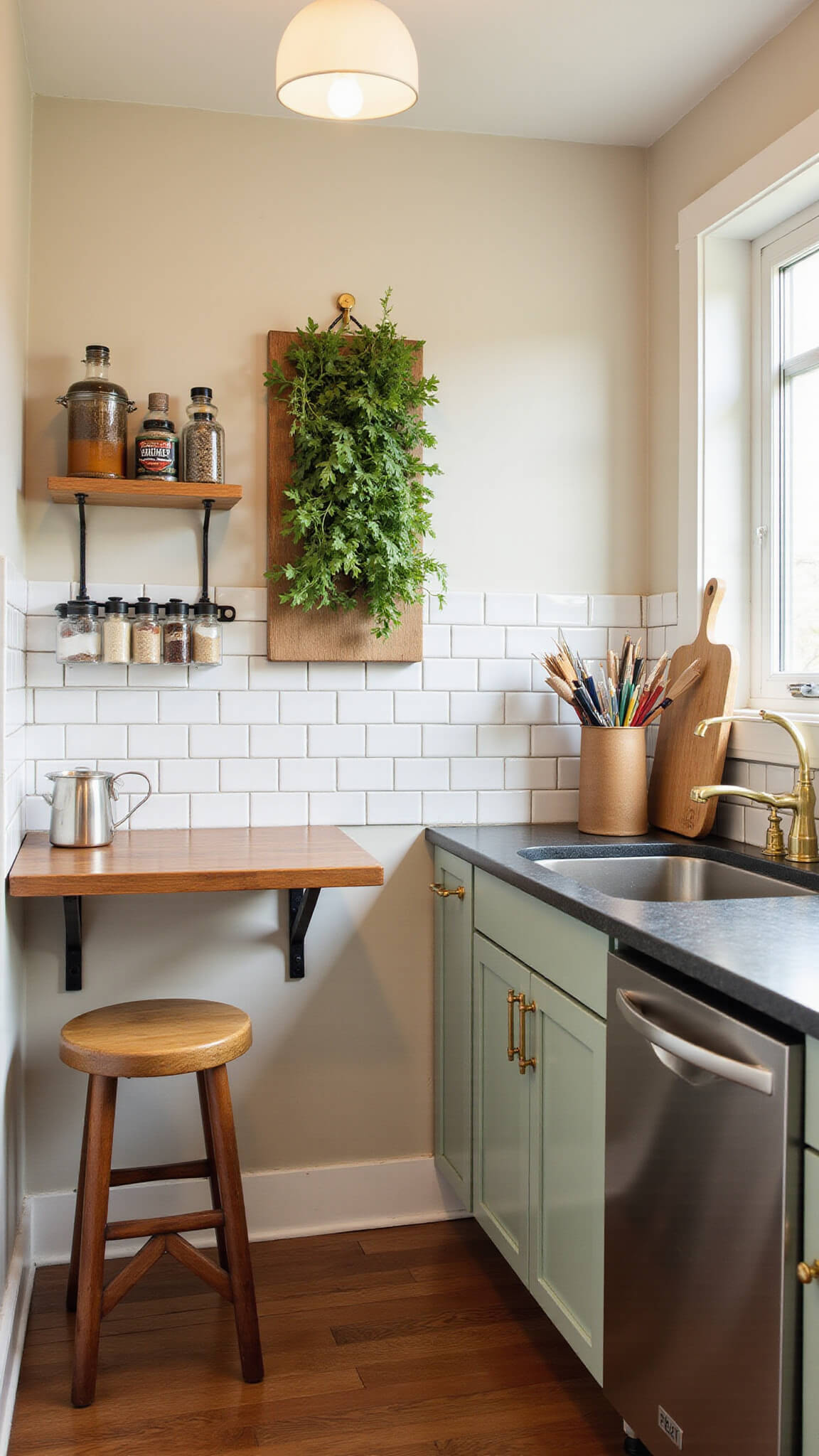 Tiny 50-square-foot kitchen corner at dusk featuring fold-down table, magnetic spice rack, vertical herb garden, peel-and-stick marble backsplash, and mixed brass and chrome accents with cream and sage green tones under warm pendant and task lighting.