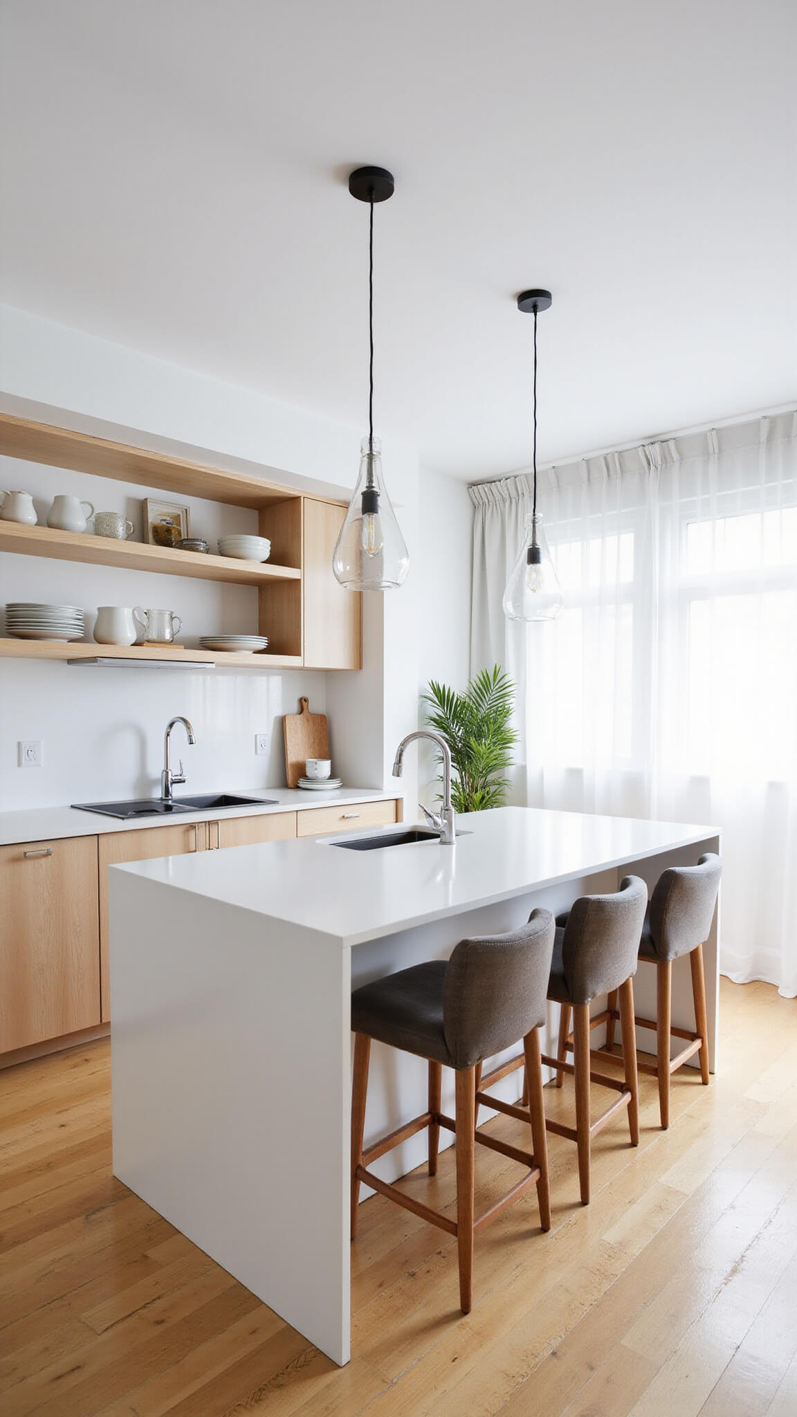 Wide-angle view of a bright studio apartment kitchen with natural wood island, minimalist shelves, mouth-blown glass pendant lights, and neutral-toned decor.