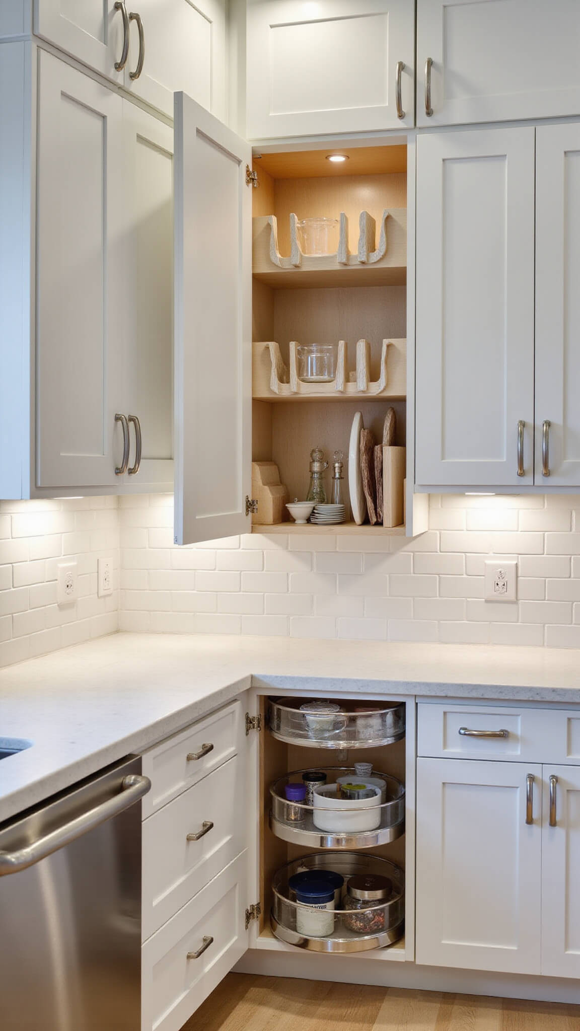 Organized 70-square-foot kitchen with pull-out pantry, vertical dividers, corner carousel, quartz countertops, and under-cabinet lighting in soft white and brushed nickel tones.