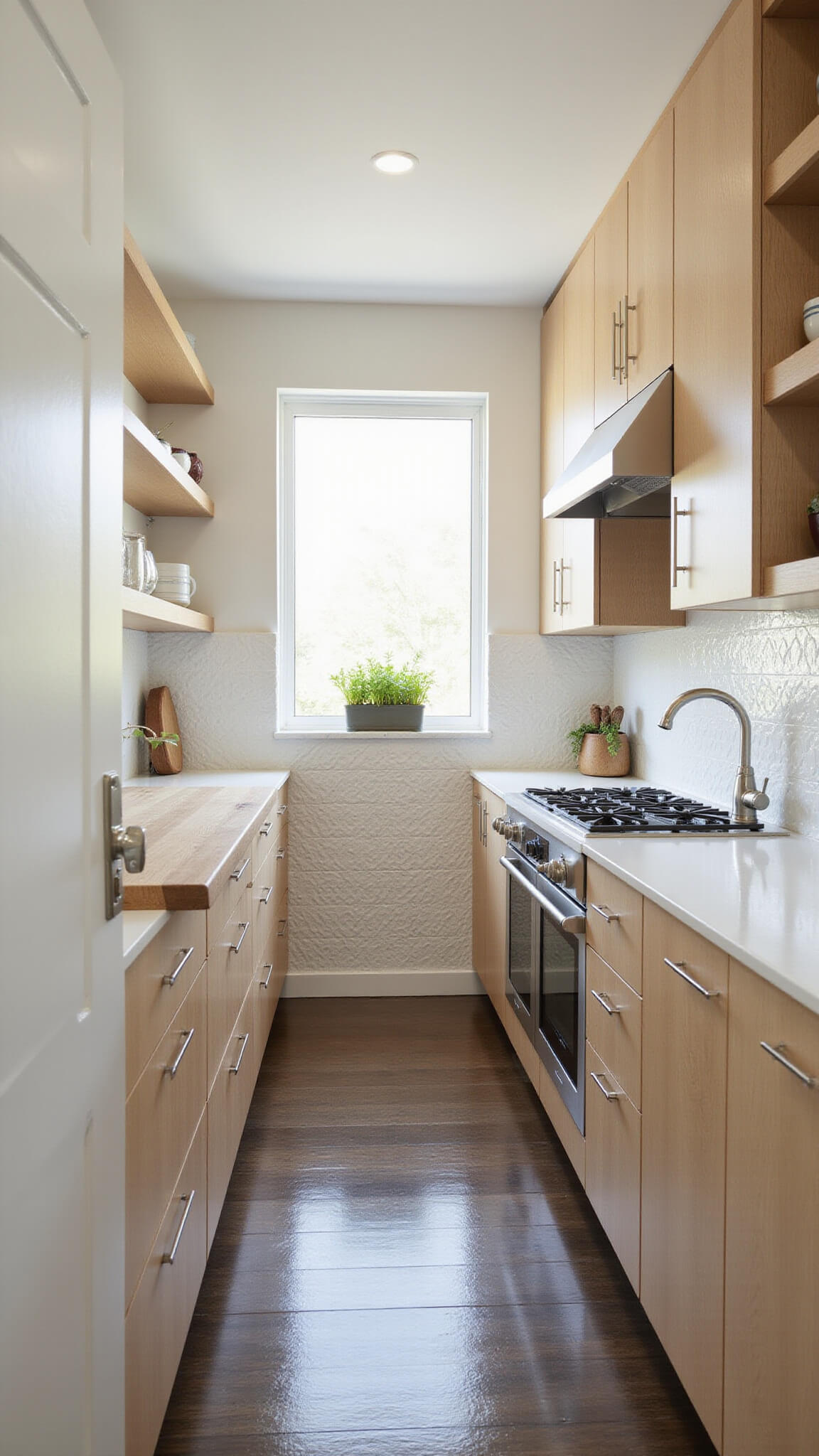 Compact 8x14 galley kitchen with Pale Oak cabinets, white damask tile backsplash, butcher block countertop, open shelves with ceramics, and a small herb garden in the window, softly lit by mid-afternoon natural light.