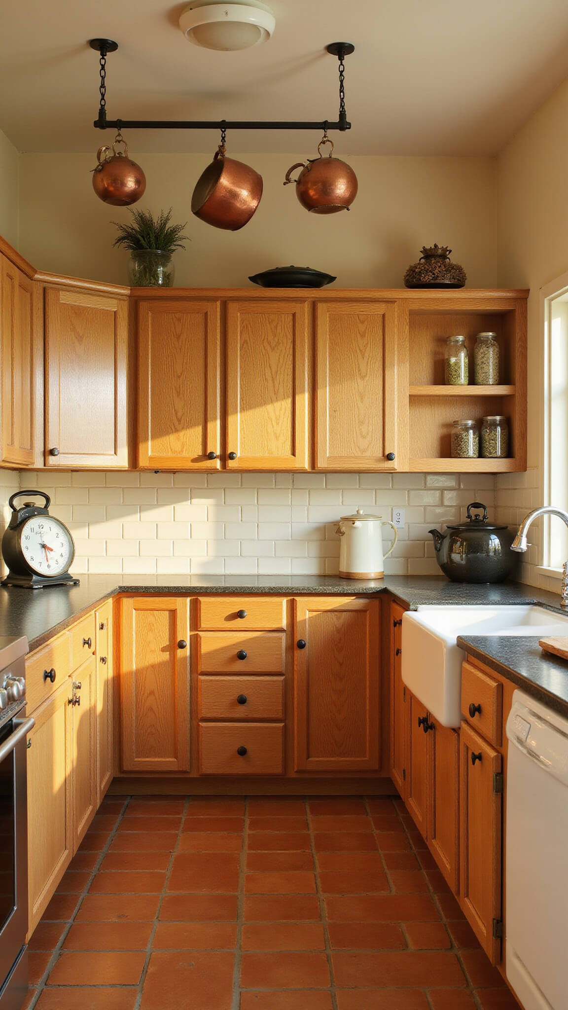 U-shaped vintage kitchen with natural oak cabinets, copper pots, terracotta floor, and cream subway tiles lit by golden hour sunlight.