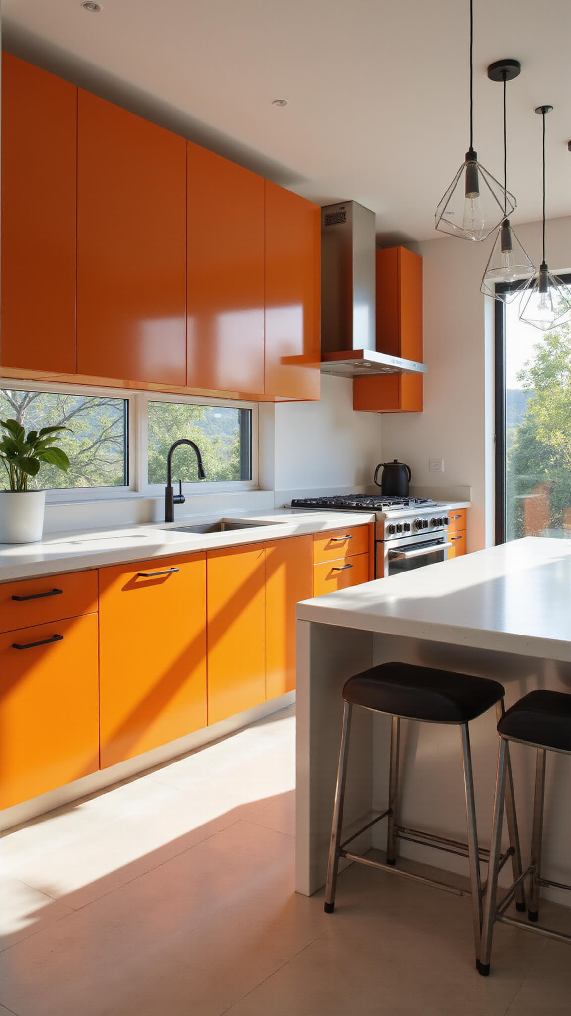 Contemporary kitchen with vibrant orange cabinets, white quartz countertops, stainless steel appliances, and a waterfall island under morning light.