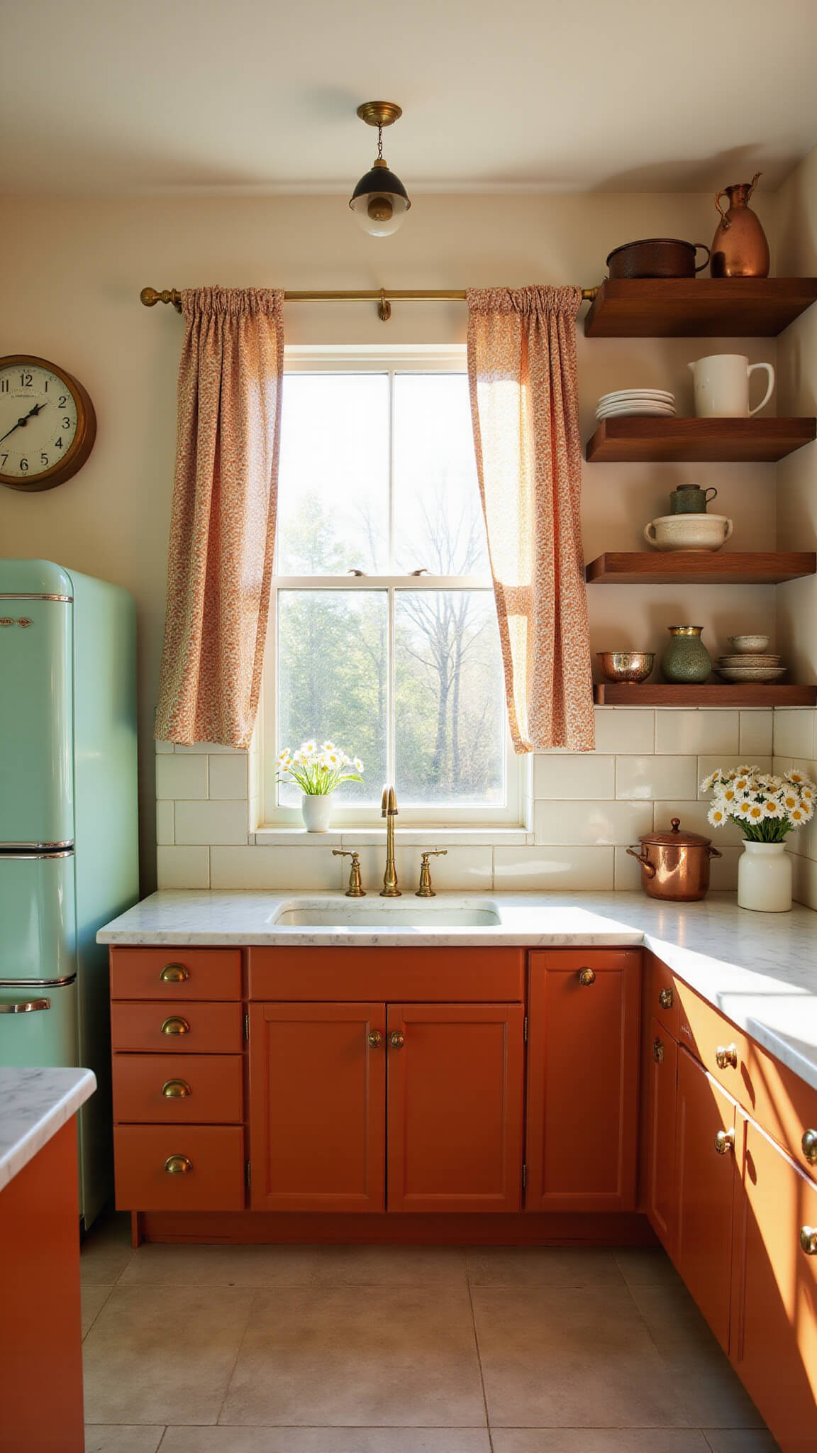 Retro-inspired 10x12ft kitchen with burnt orange shaker cabinets, mint green Smeg fridge, cream ceramic backsplash, white marble countertops, and golden hour light through café curtains.