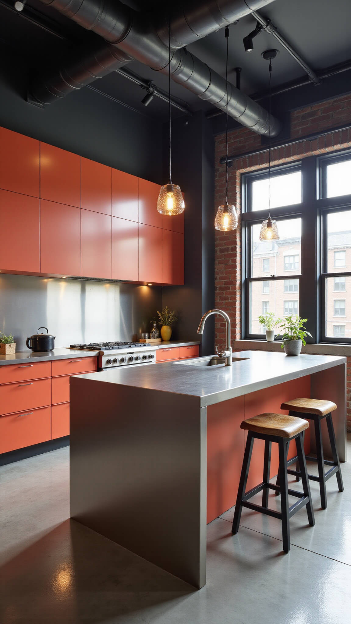 Modern industrial open-concept kitchen with matte coral-orange cabinets, polished concrete floors, black steel windows, charcoal ductwork, and 8ft island with raw wood stools.