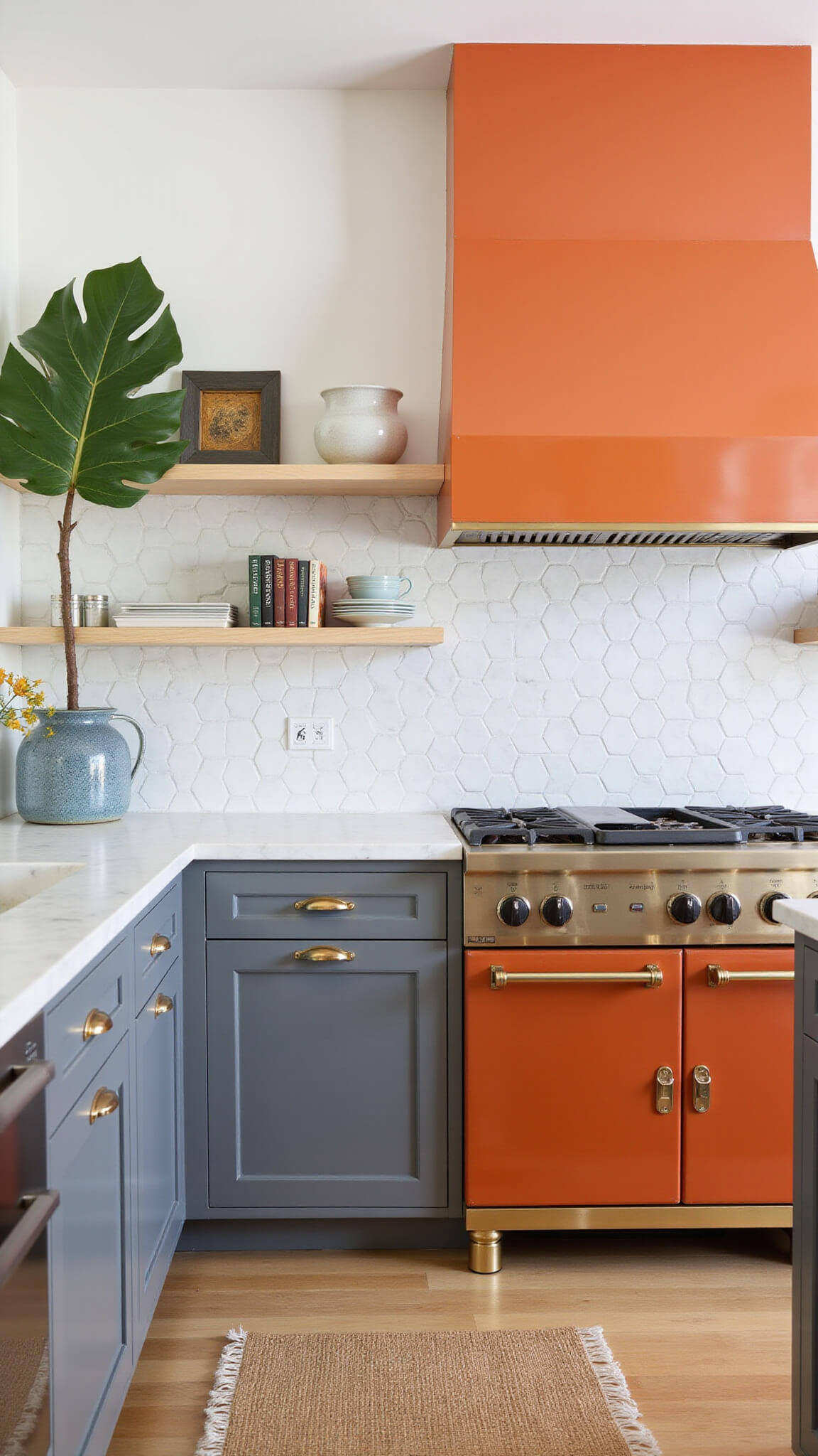 Symmetrical transitional 14x16ft kitchen with glossy orange upper cabinets, warm gray lowers, marble hex tile backsplash, brass hardware, custom range hood, white oak shelves, vintage decor, fiddle leaf fig, and jute runner.