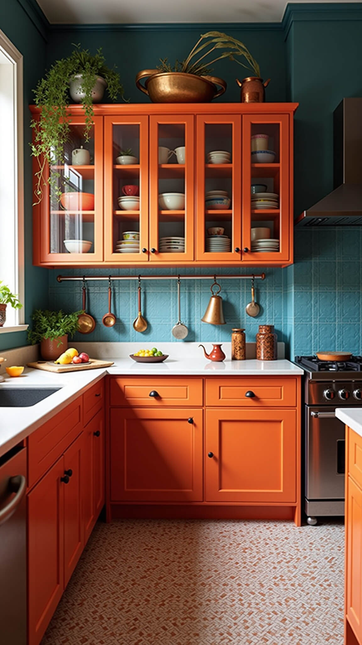 Eclectic 11x13ft kitchen with papaya-orange glass-front cabinets displaying colorful dishes, geometric encaustic tile floor, indigo accent wall, copper pots, global decor, and trailing plants in morning light.