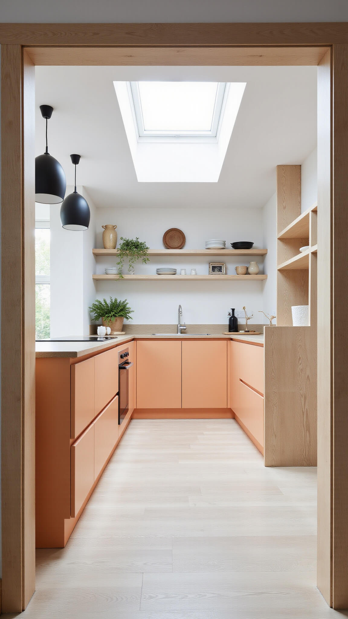 Scandinavian kitchen with apricot-orange cabinets, bleached wood accents, white oak floors, and skylight lighting.
