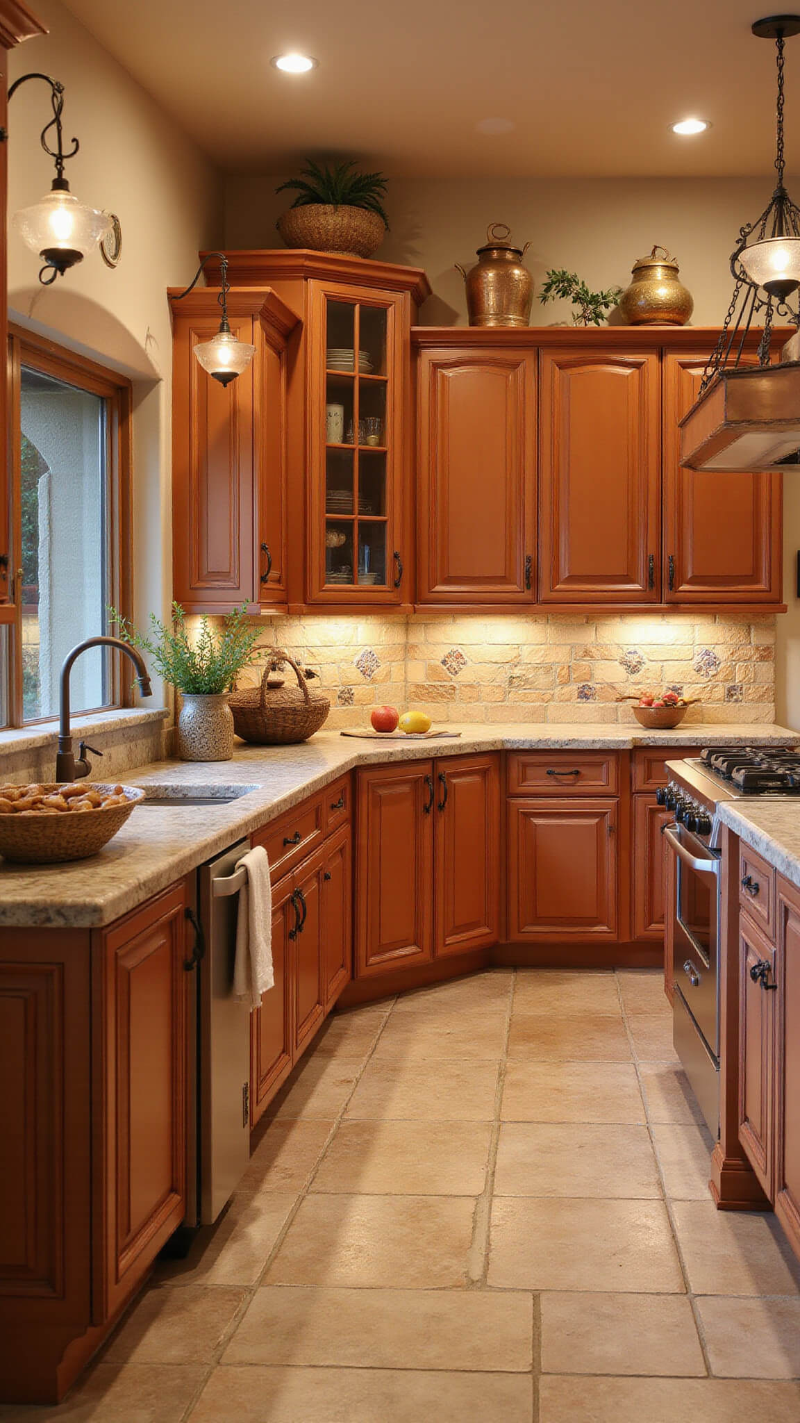 Mediterranean-style 12x14ft kitchen with terracotta-orange carved cabinets, limestone backsplash, hand-painted tiles, travertine flooring, and copper accents.