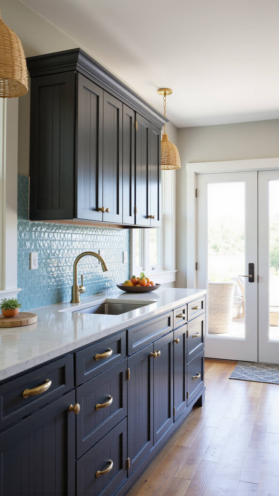Sophisticated coastal kitchen with charcoal beadboard cabinets, white quartzite counters, blue-grey glass tile backsplash, and rattan pendant lights, bathed in natural and warm LED light with French doors showcasing indoor-outdoor flow.
