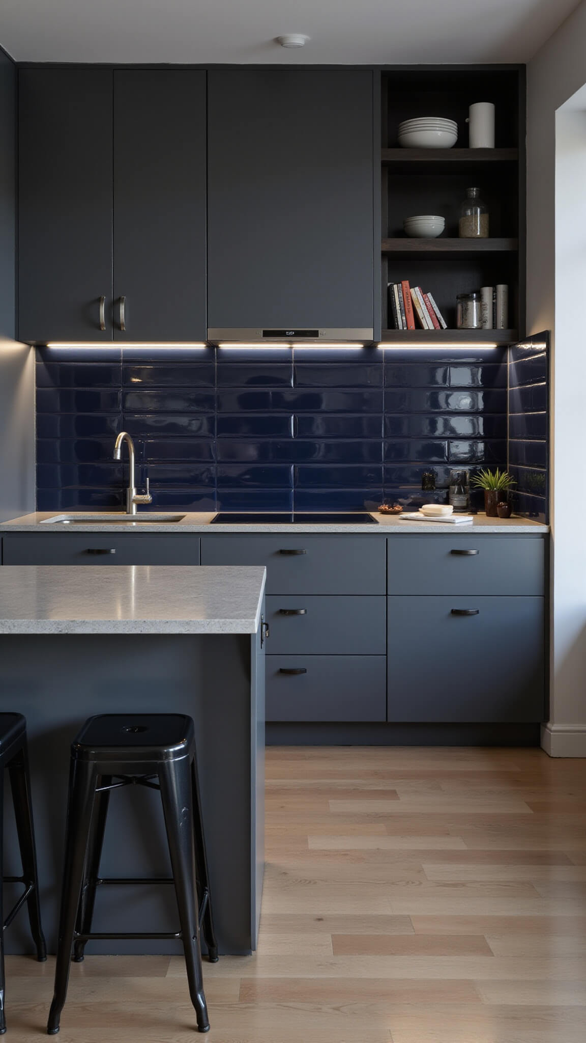 Moody urban kitchen with charcoal gray cabinets, concrete countertops, and black steel shelving, shot upward to highlight vertical design and dramatic lighting.