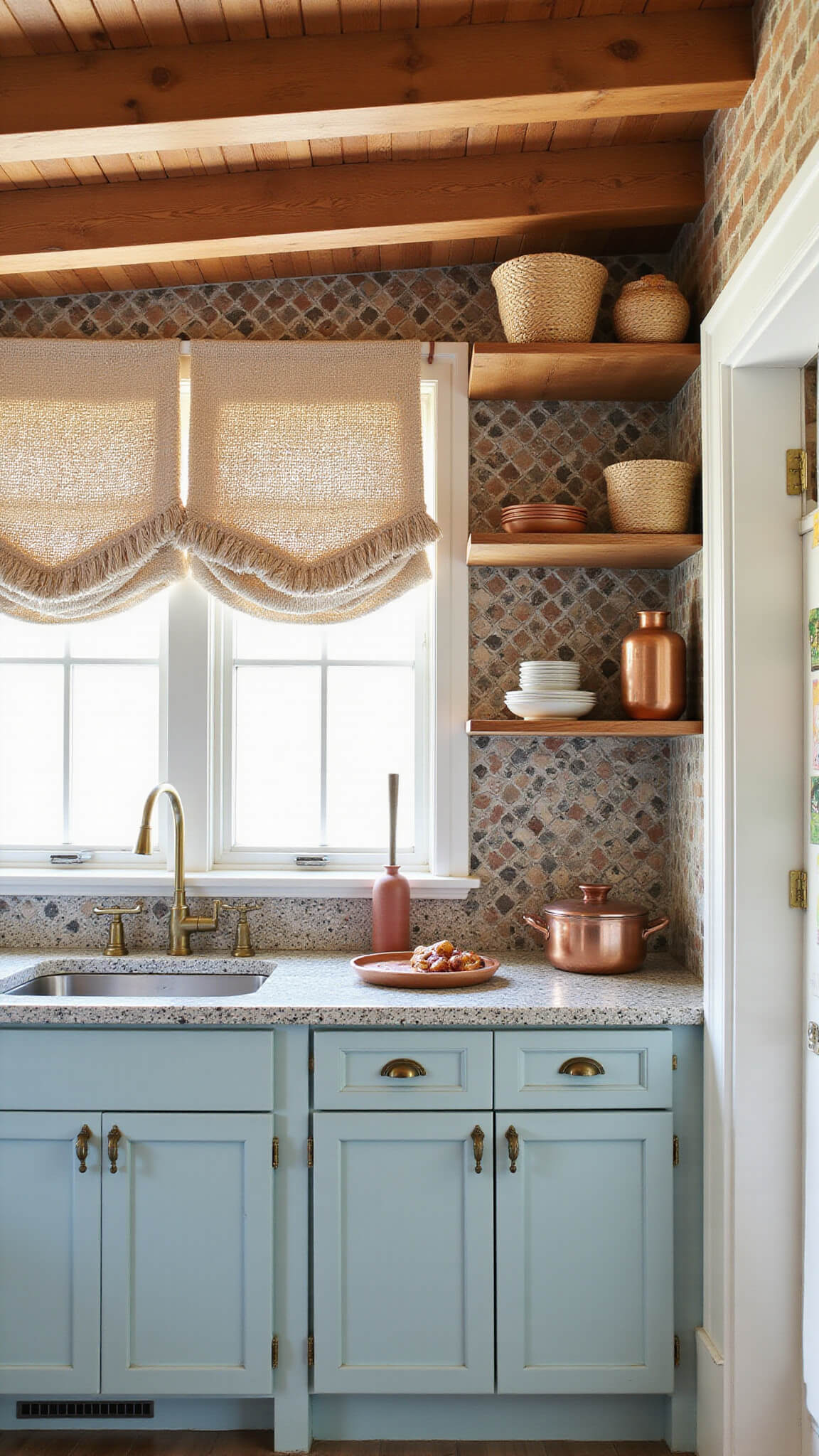 Bohemian eclectic kitchen with coastal blue cabinets, terrazzo countertops, Moroccan tile backsplash, and reclaimed wood shelves under exposed wooden beams.