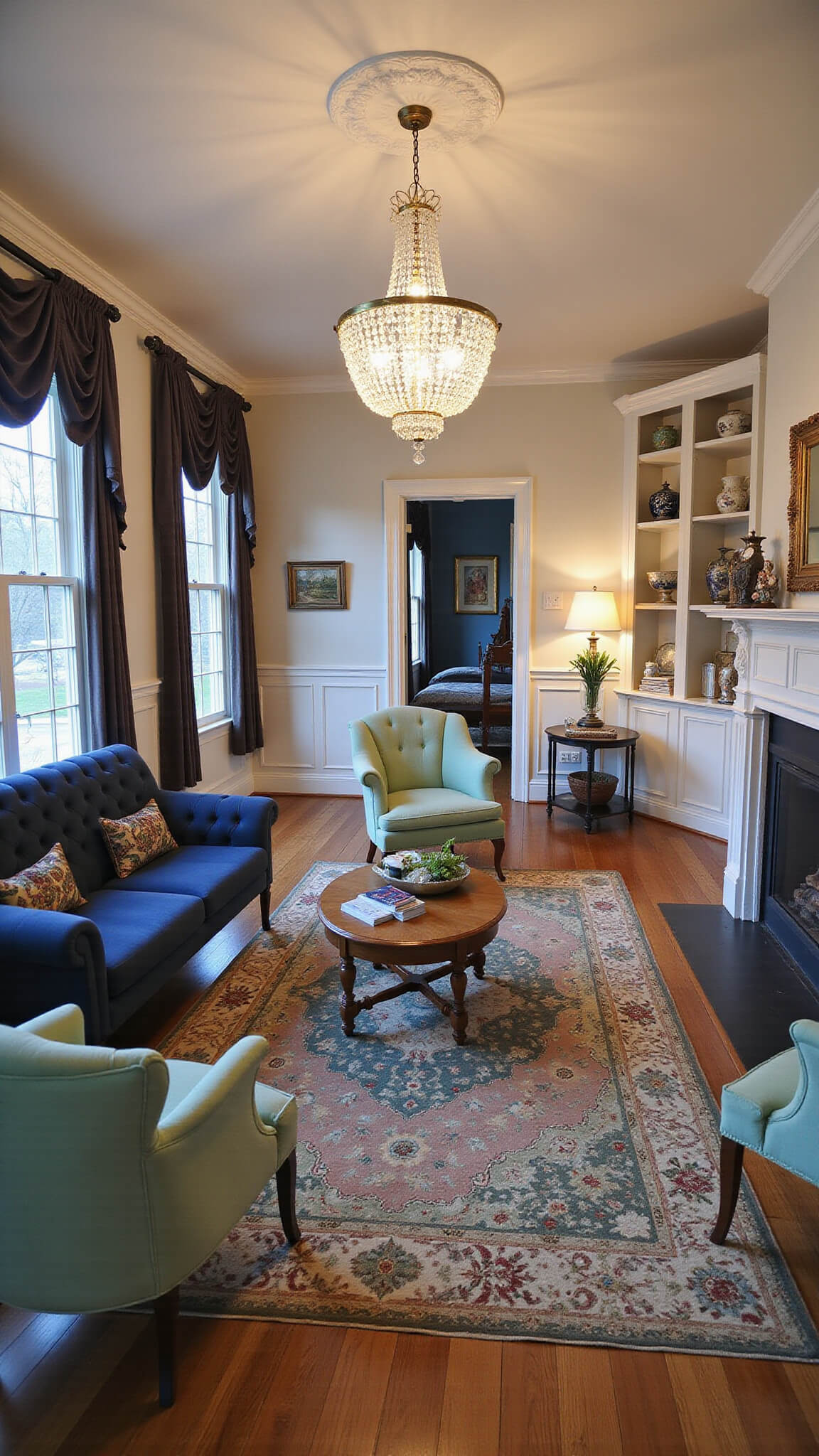 Elegant parlor at dusk with navy Chesterfield sofa, mint chairs, jewel-tone floral rug, crystal chandelier, vintage porcelain displays, and leaded glass windows framed by velvet drapes.