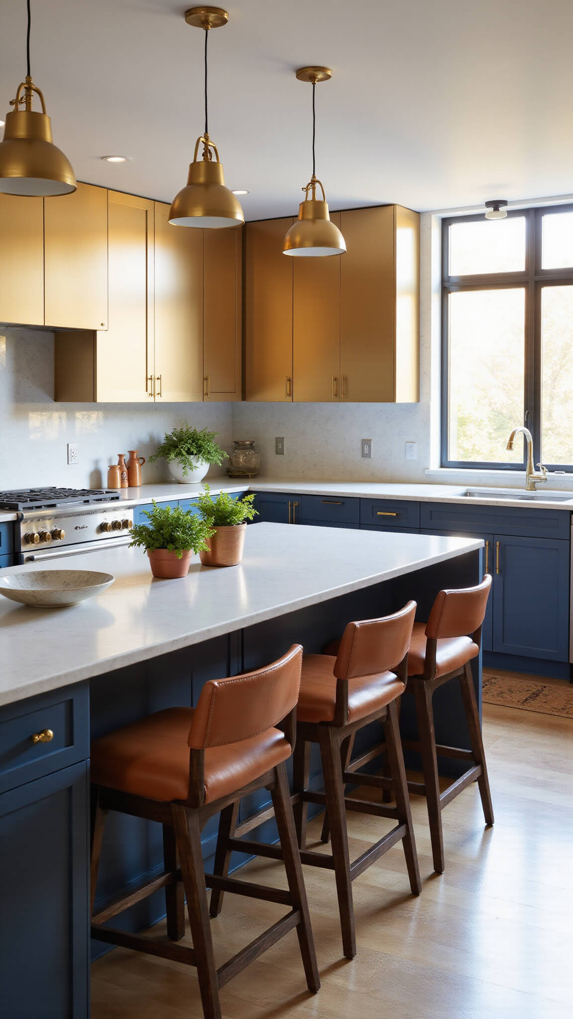 Contemporary kitchen with navy and gold cabinets, white quartz countertops, brass pendant lights, center island with cognac barstools, and morning light streaming through east-facing windows.