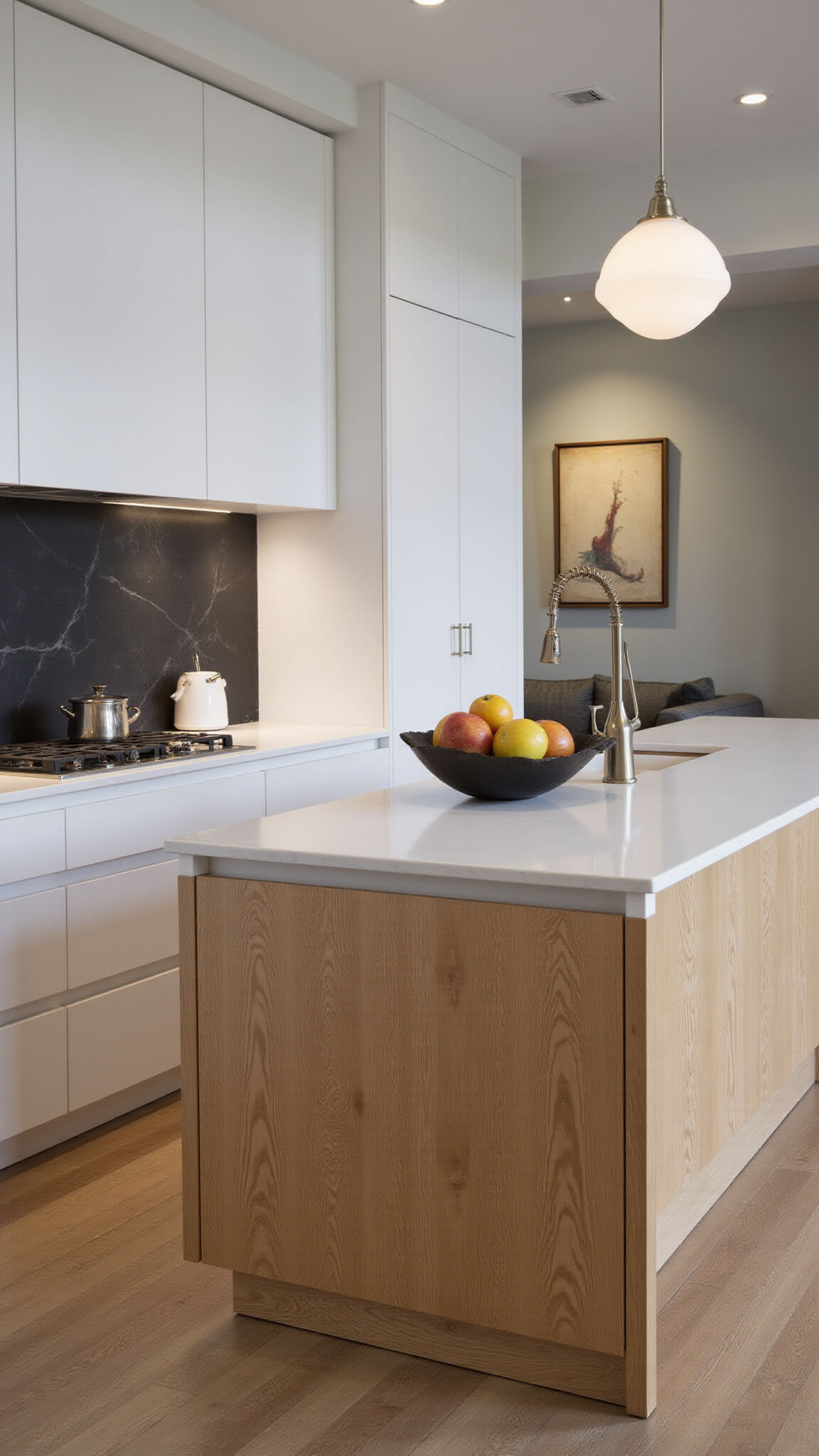 Contemporary 13x18ft kitchen at twilight with white oak flat-panel cabinets, black stone backsplash, wood waterfall island, and mixed ambient lighting.