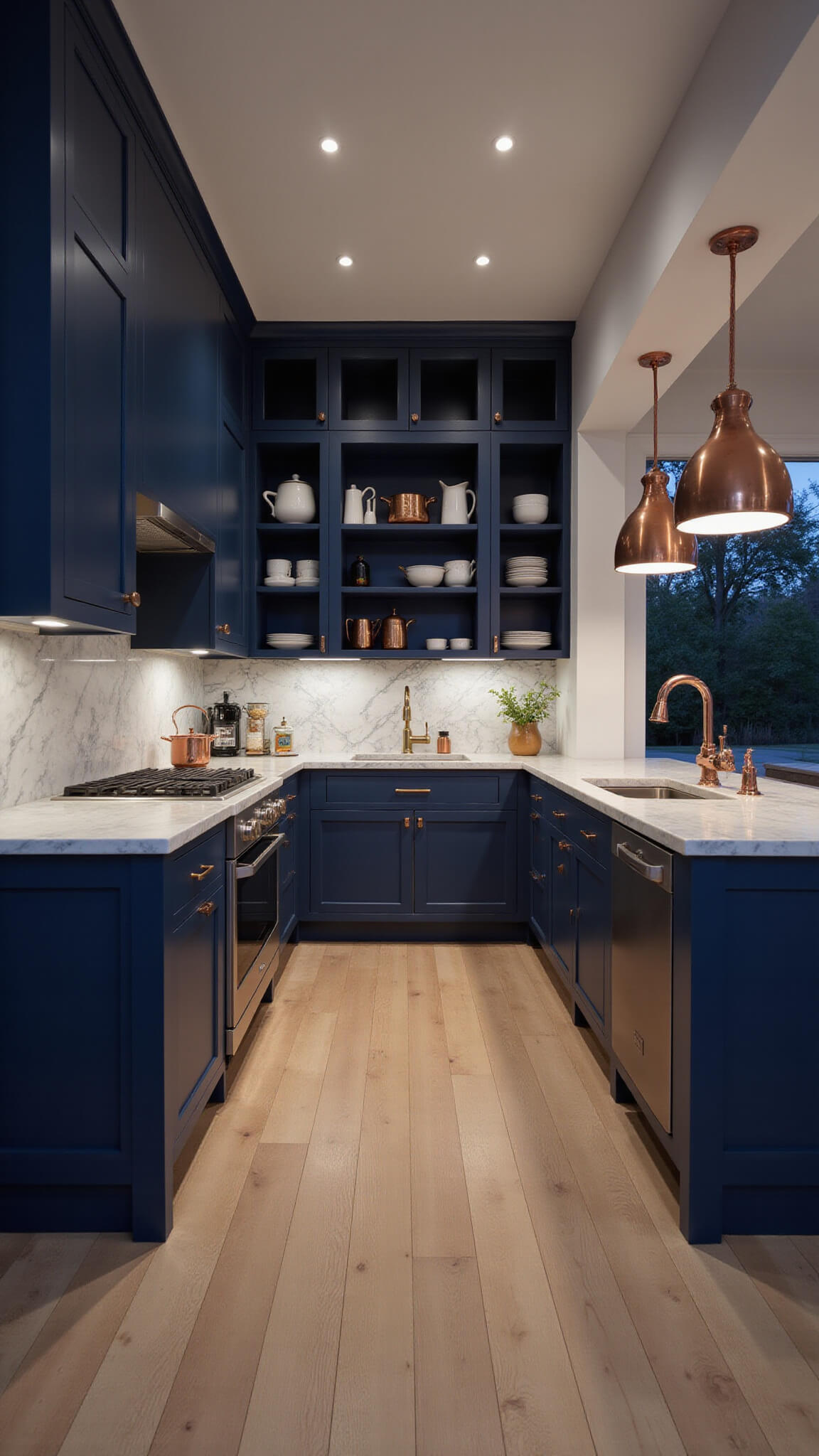 Elegant navy blue galley kitchen with copper pendant lights, veined marble surfaces, and white oak floors at dusk.