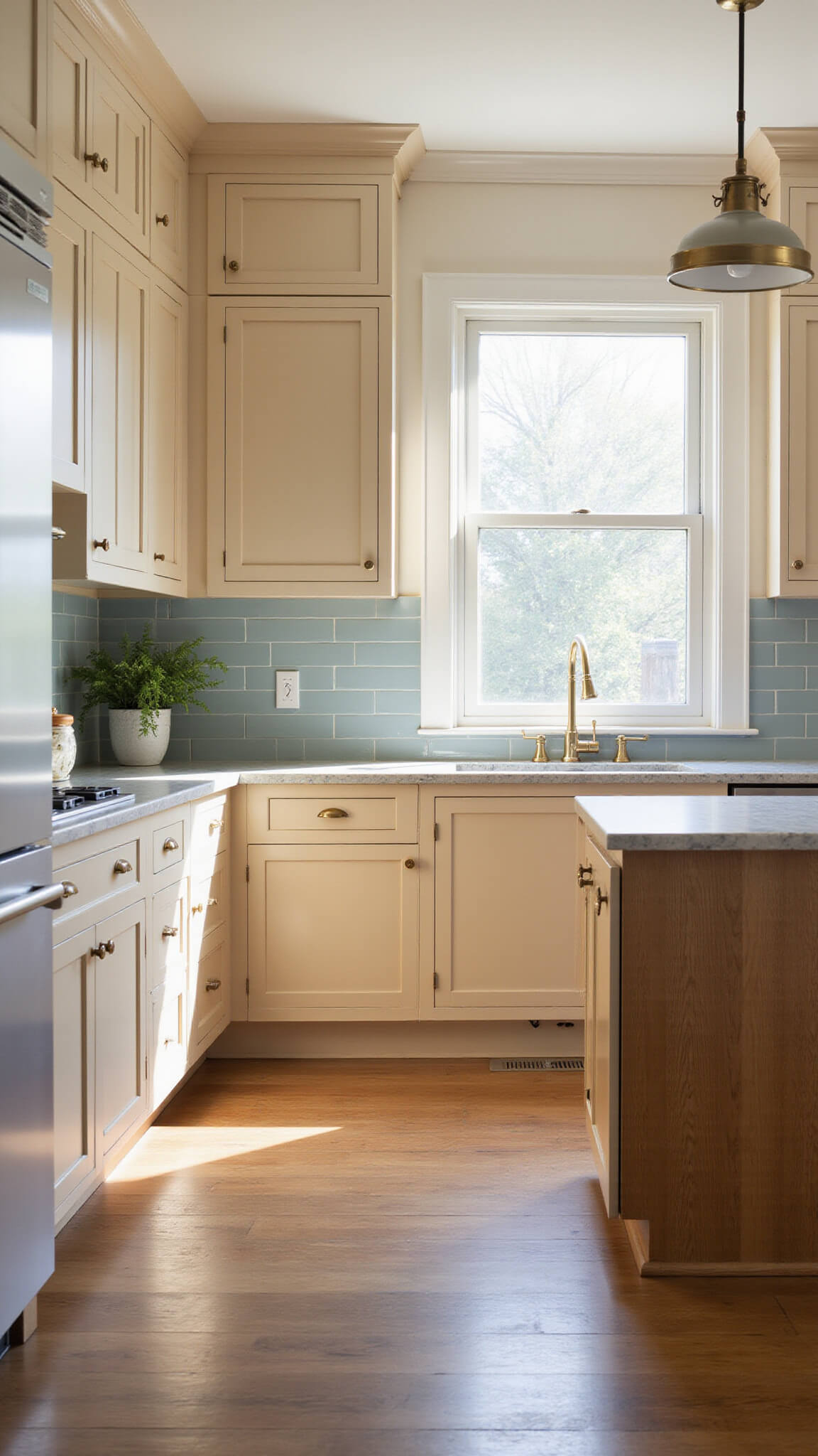 Sunlit kitchen with beige shaker cabinets, marble countertops, blue-gray tile backsplash, and center island, viewed from a low corner angle.