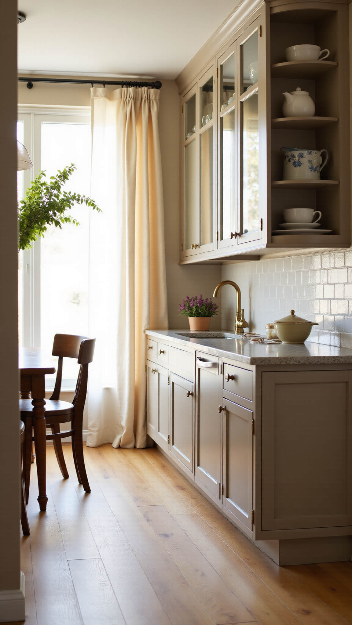 Cozy 10x12ft kitchen at golden hour with beige cabinets, glass-front uppers displaying pottery, white oak floors, and bronze hardware, viewed from dining room entrance.