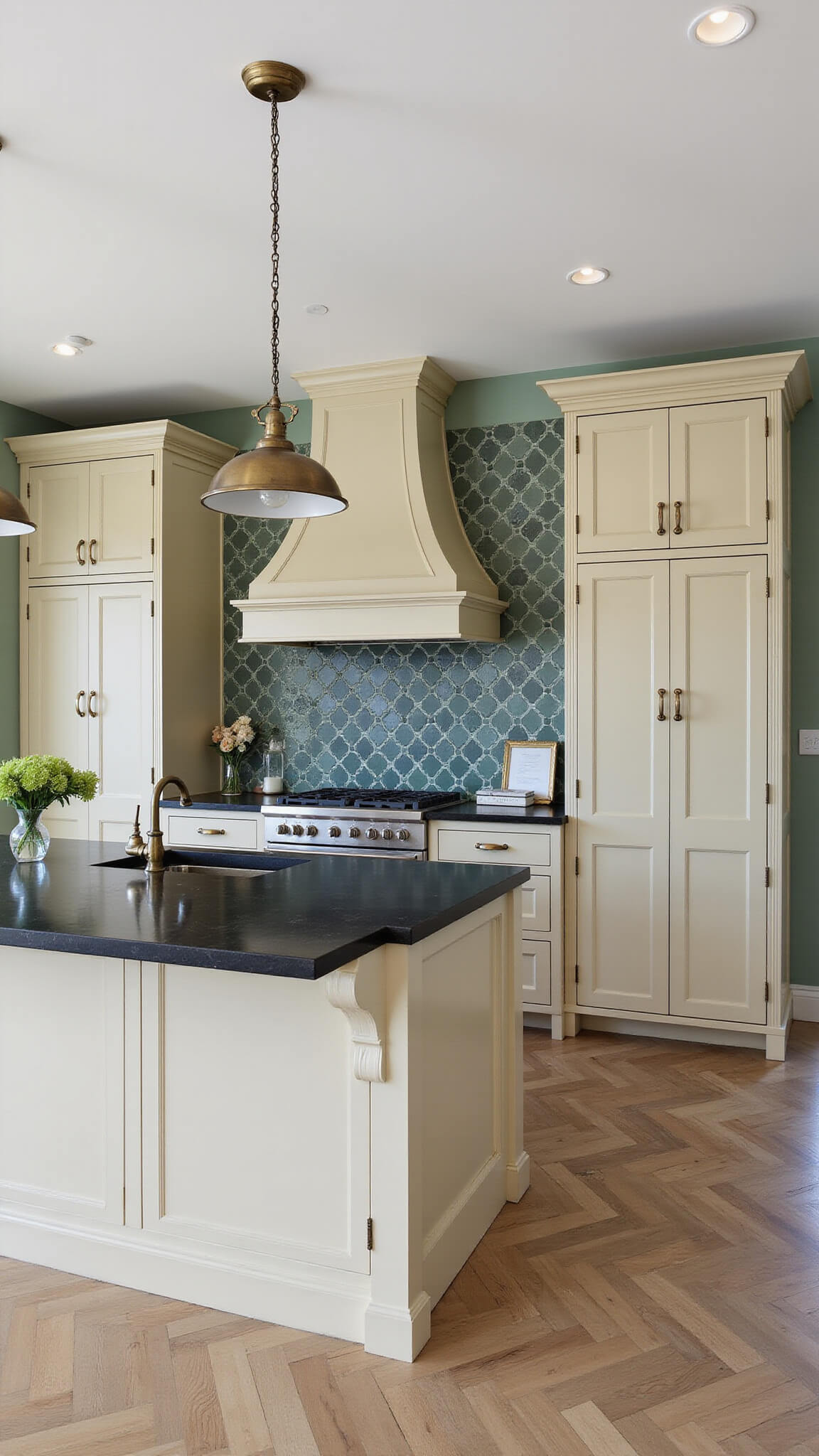 Contemporary 14x16ft kitchen with beige-green cabinets, black soapstone countertops, geometric tile backsplash, and aged brass pendant lights over a waterfall island.