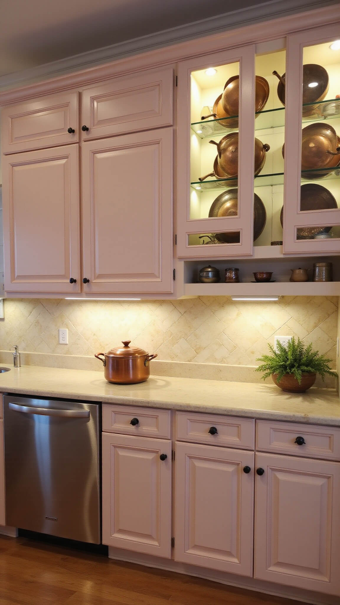 Cozy 11x13ft kitchen at dusk with warm under-cabinet lighting, Natural Cream cabinets, cream limestone countertops, herringbone marble backsplash, and vintage copper cookware.