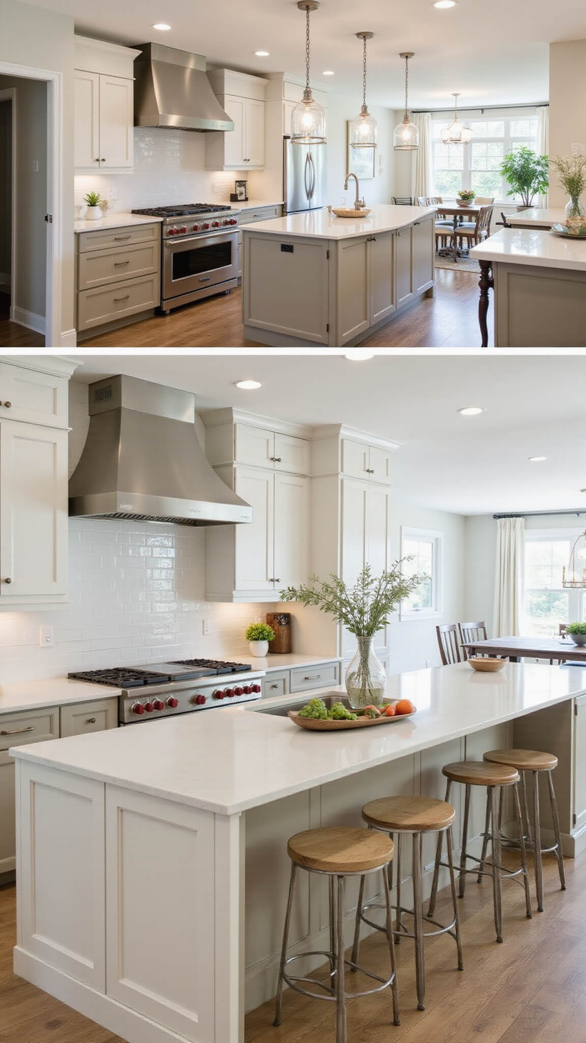 Open-concept 15x20ft kitchen with two-toned beige cabinets, white quartz countertops, and professional-grade range in soft afternoon light.