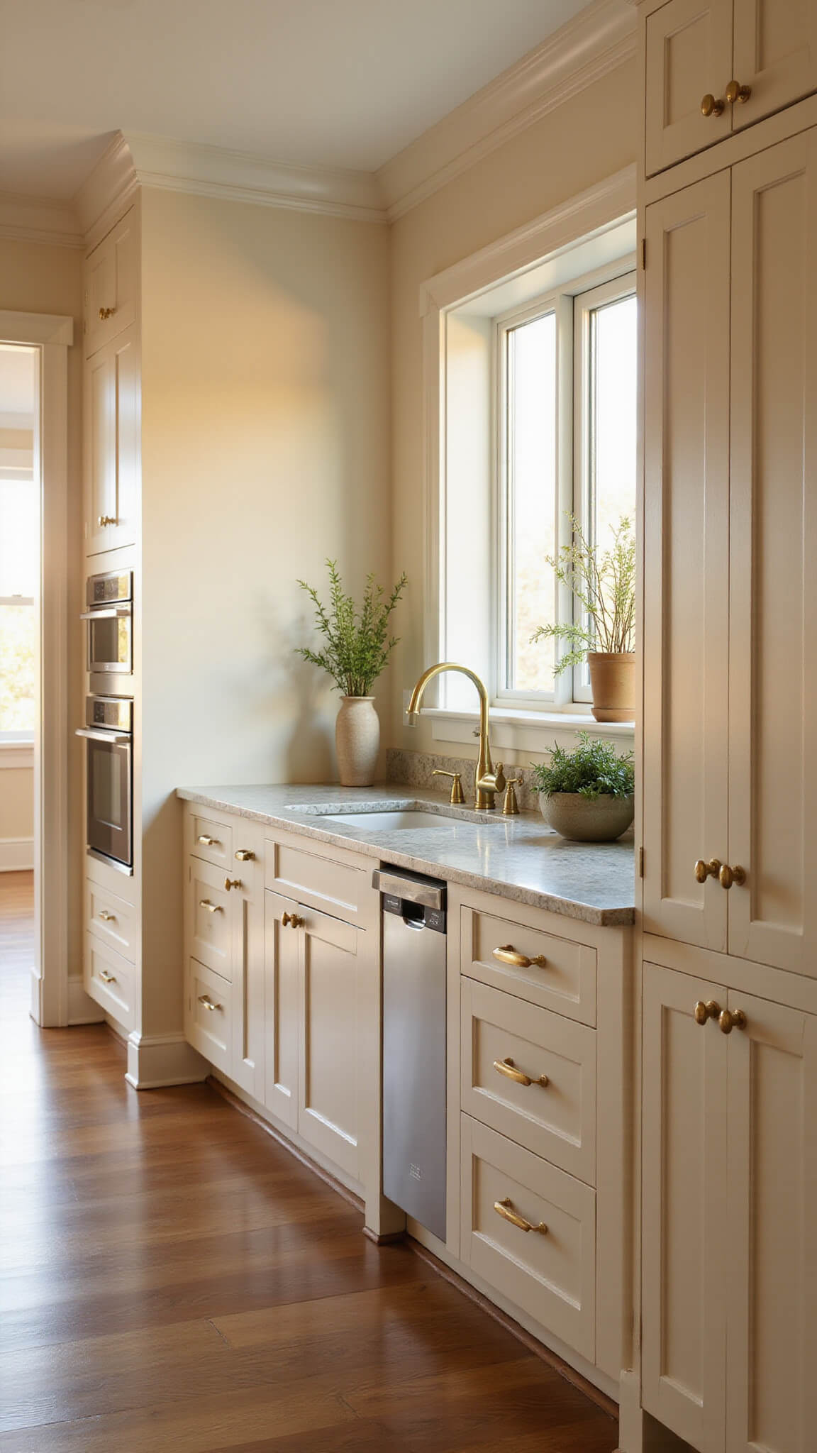 Transitional kitchen with off-white shaker cabinets, brass hardware, veined quartz island, honey oak floors, and golden hour lighting through west-facing windows.