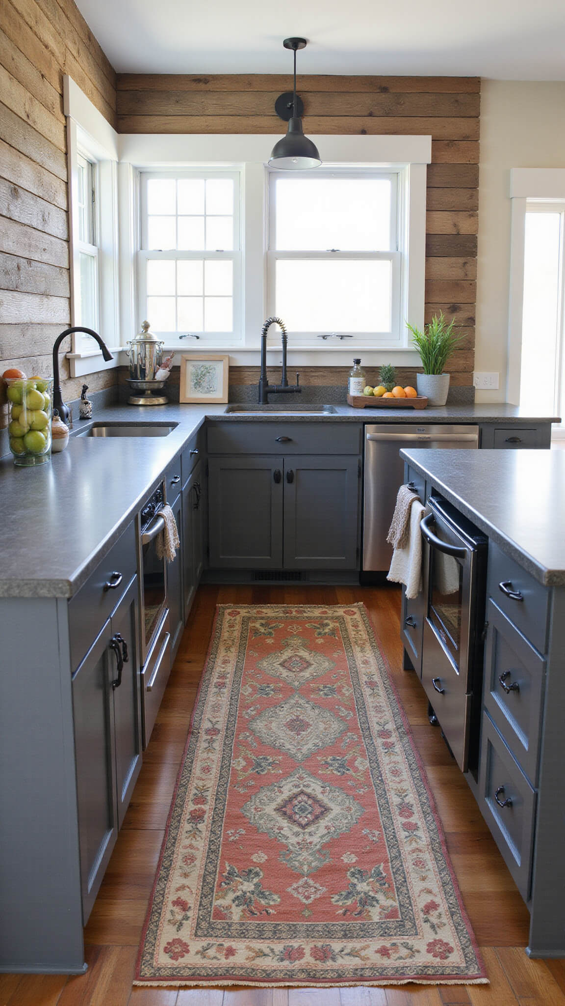 L-shaped rustic modern kitchen with dark grey cabinets, barnwood accent wall, soapstone countertops, wrought iron fixtures, vintage runner, and natural mid-morning light from farmhouse windows.