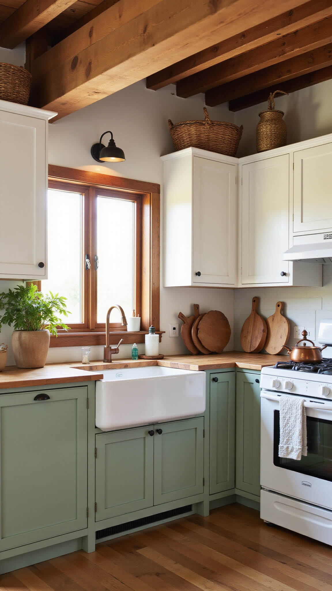 Cozy 12x18ft rustic-modern kitchen with sage green and white cabinets, farmhouse sink, butcher block countertops, and exposed wooden beams in golden hour light.