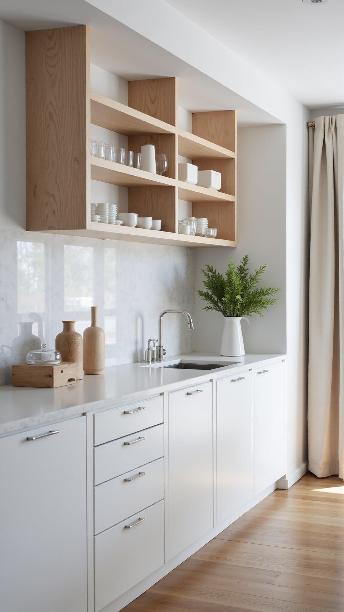 Scandinavian minimalist kitchen with 10ft ceilings, all-white cabinetry, pale ash open shelves, marble backsplash, and filtered morning light.