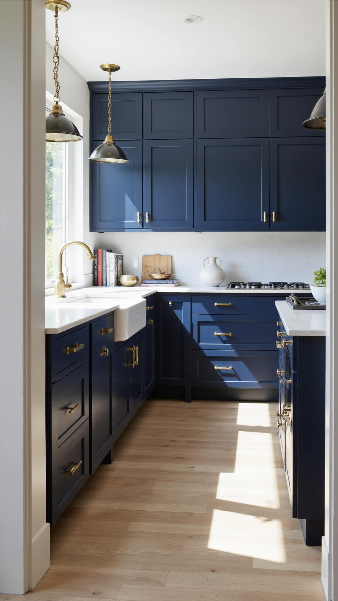 Contemporary kitchen with navy blue cabinets, white quartz countertops, brass hardware, and pendant lights, styled with marble accents and geometric decor on white oak flooring.