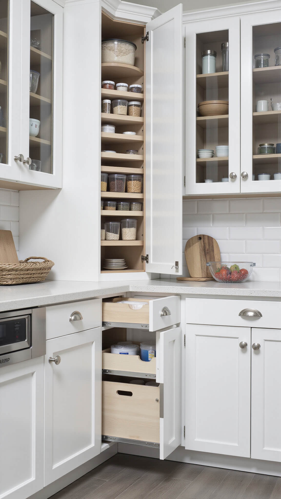 Organized 13x15ft kitchen with SEKTION storage system, glass-front cabinets, pull-out pantry, corner carousel, and labeled containers in a white and gray color scheme.