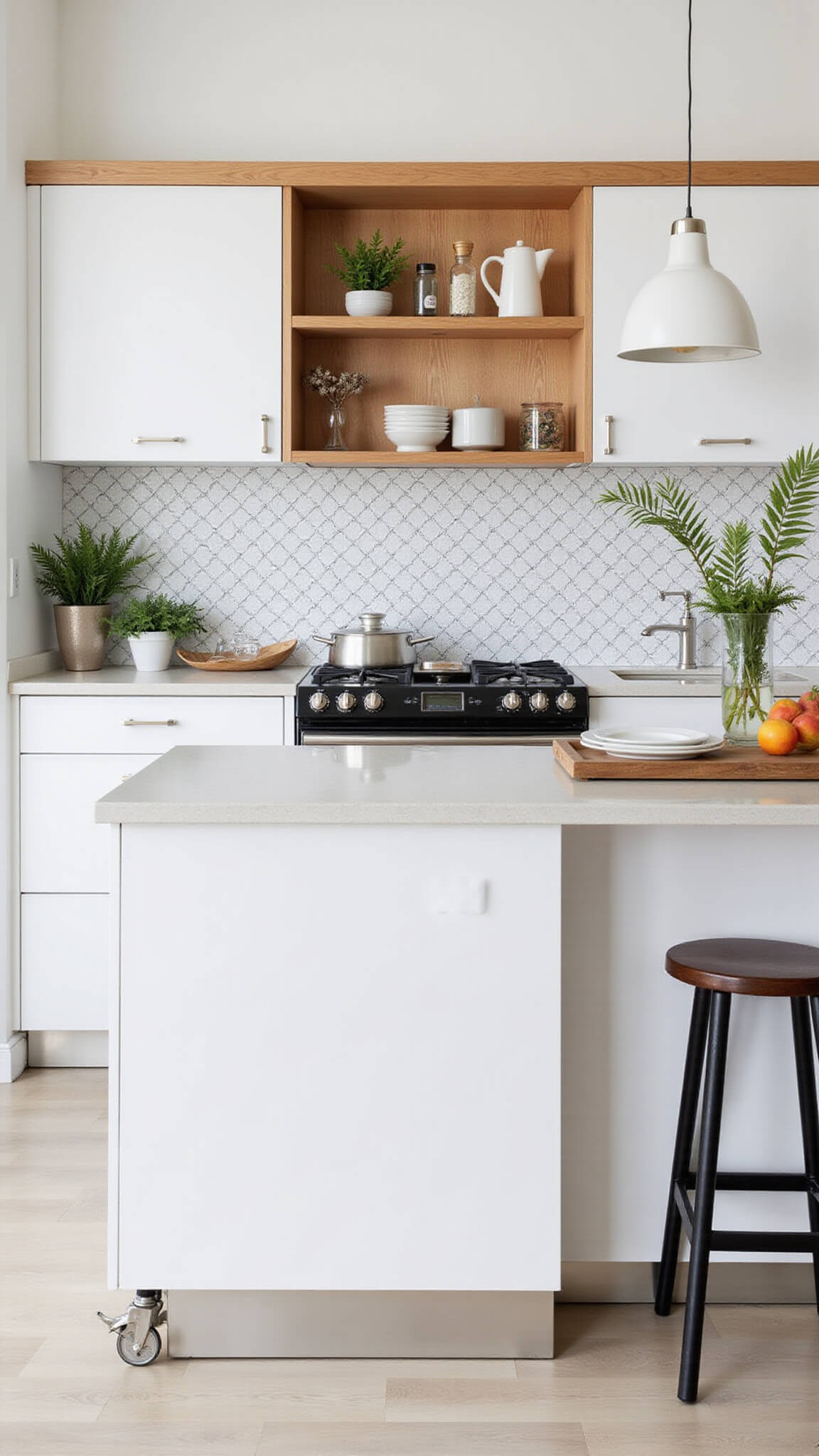 Compact 10x12ft stylish kitchen with white SEKTION and ENHET cabinets, wood accents, floating shelves, movable island, plants, modern tableware, and geometric tile backsplash under bright midday light.