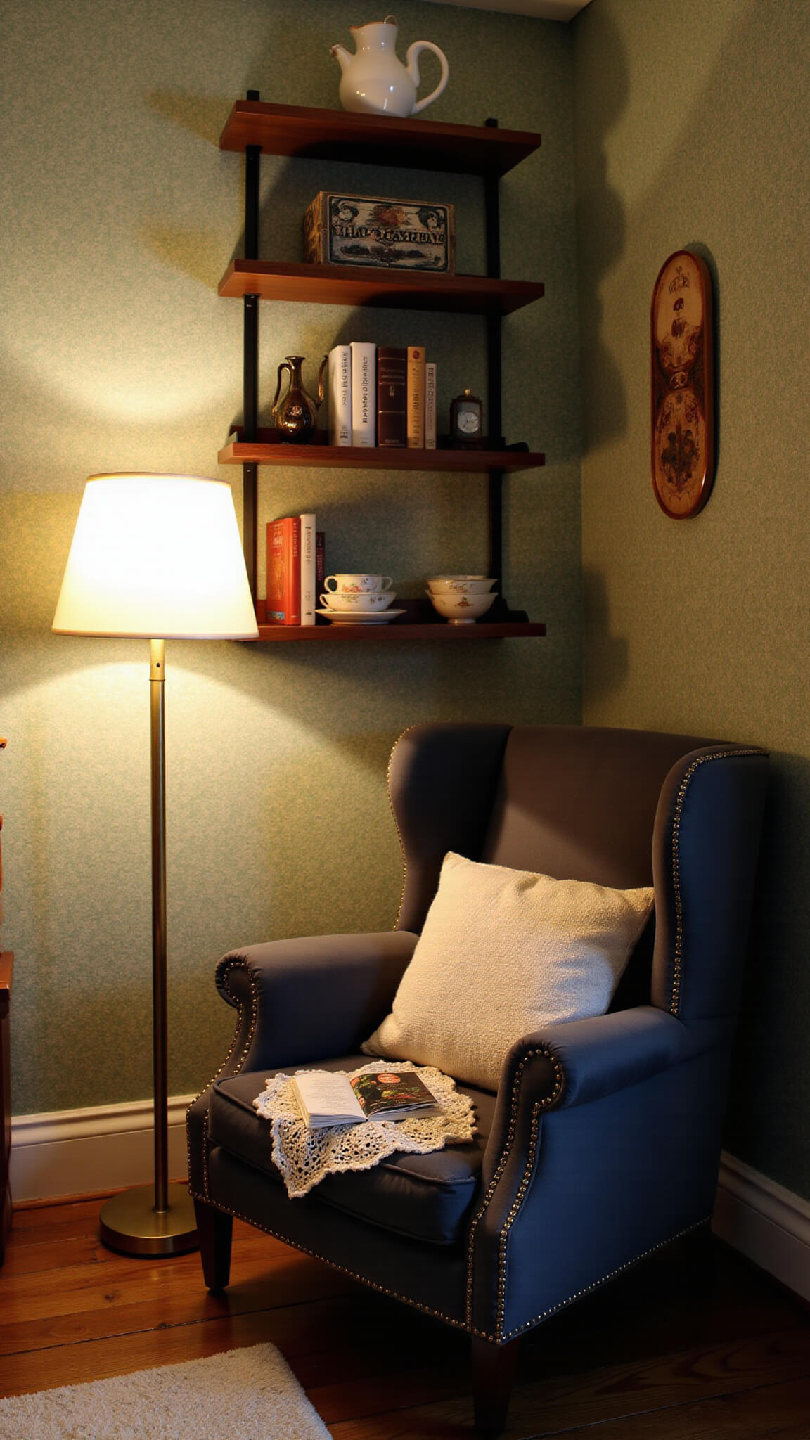 Cozy 8x8ft reading nook at dusk with charcoal velvet wingback chair, vintage brass floor lamp, floating shelves of antique books and teacups, and sage floral wallpaper.