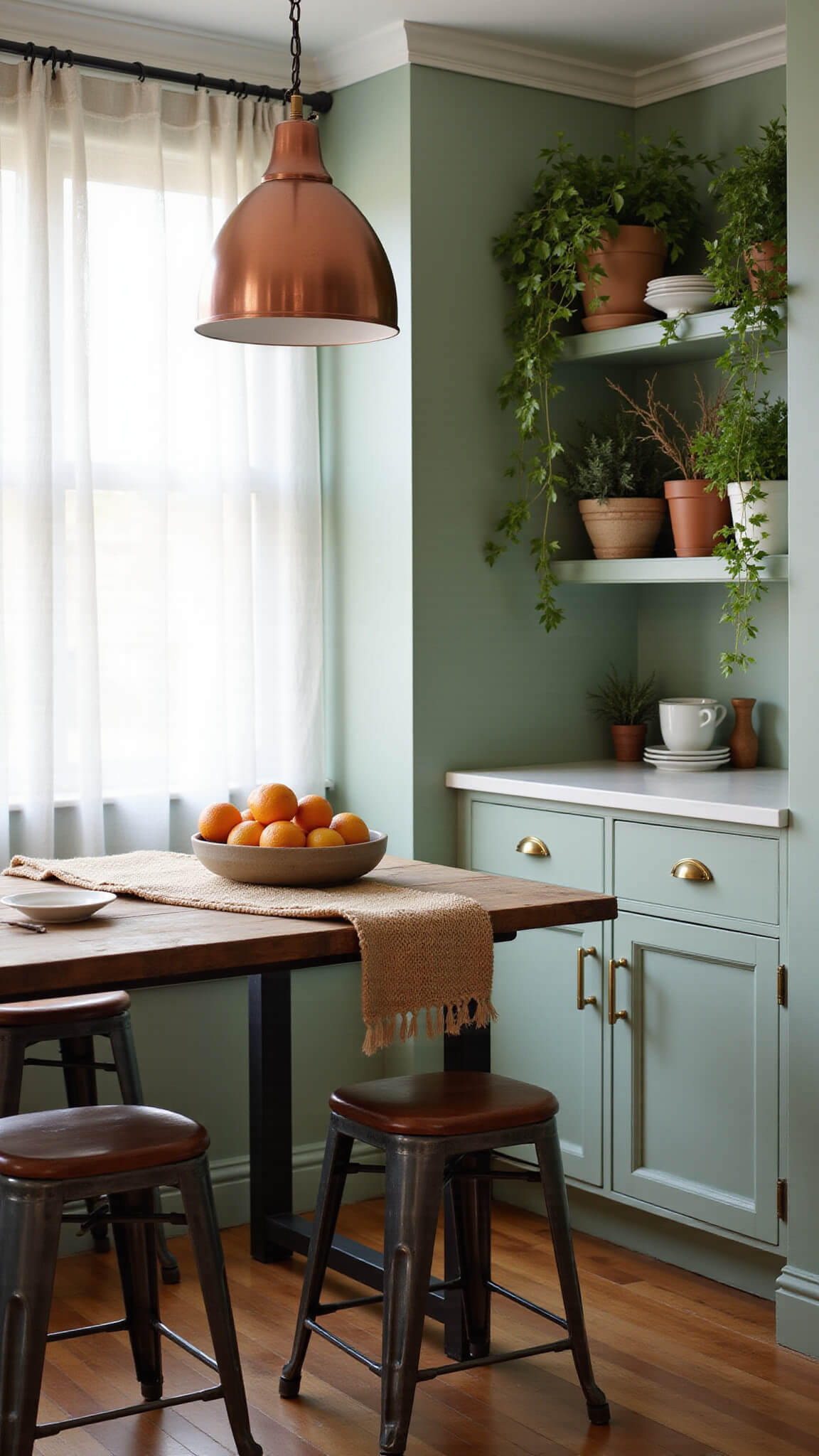 Cozy morning kitchen nook with sage green cabinets, rustic wooden table, citrus bowl, metal stools, and soft dawn light filtering through linen curtains.