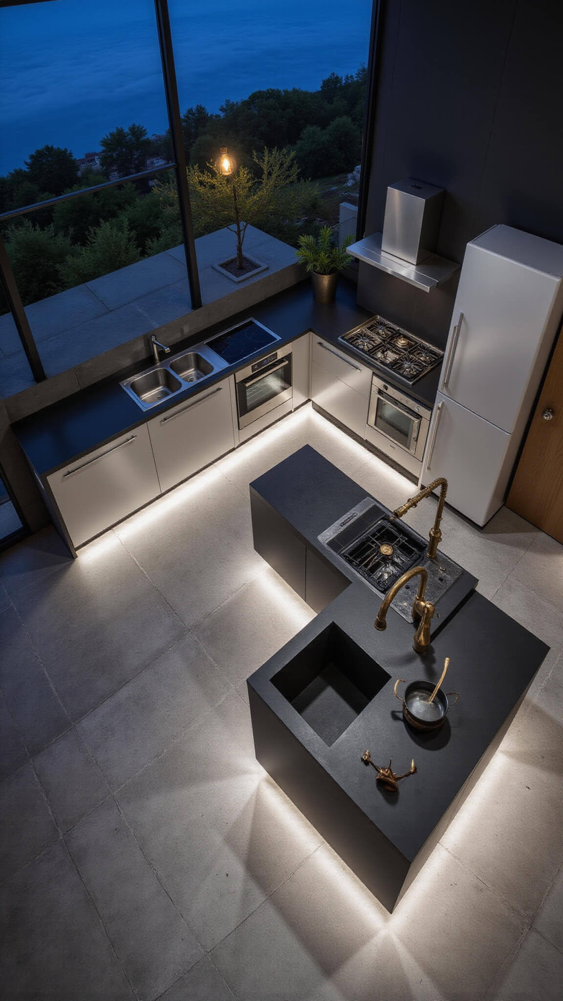 Overhead view of L-shaped kitchen with brushed aluminum cabinets, dark concrete countertops, brass fixtures, and ambient LED lighting at blue hour.