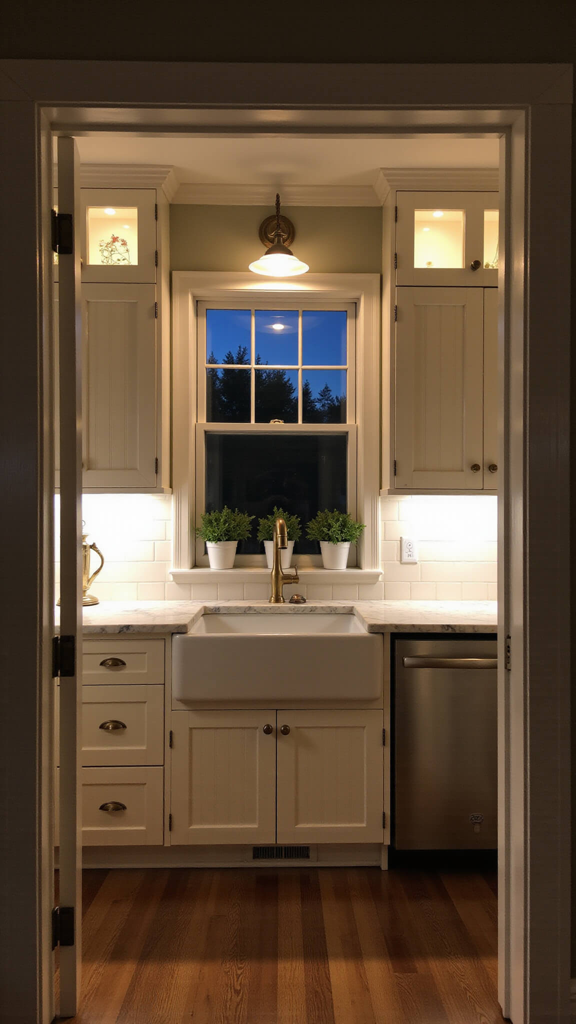 Cozy 10x12ft cottage kitchen at dusk with cream beadboard cabinets, glowing glass-front uppers, marble countertops, brass sconces, farmhouse sink, and potted herbs on mullioned windowsill.