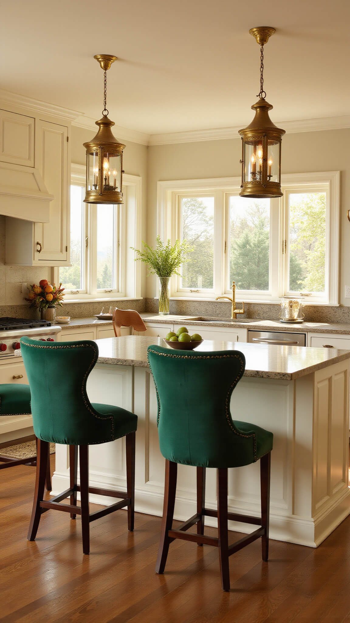 L-shaped traditional kitchen with cream cabinets, emerald green bar stools, marble island, and antique brass accents bathed in golden hour light.