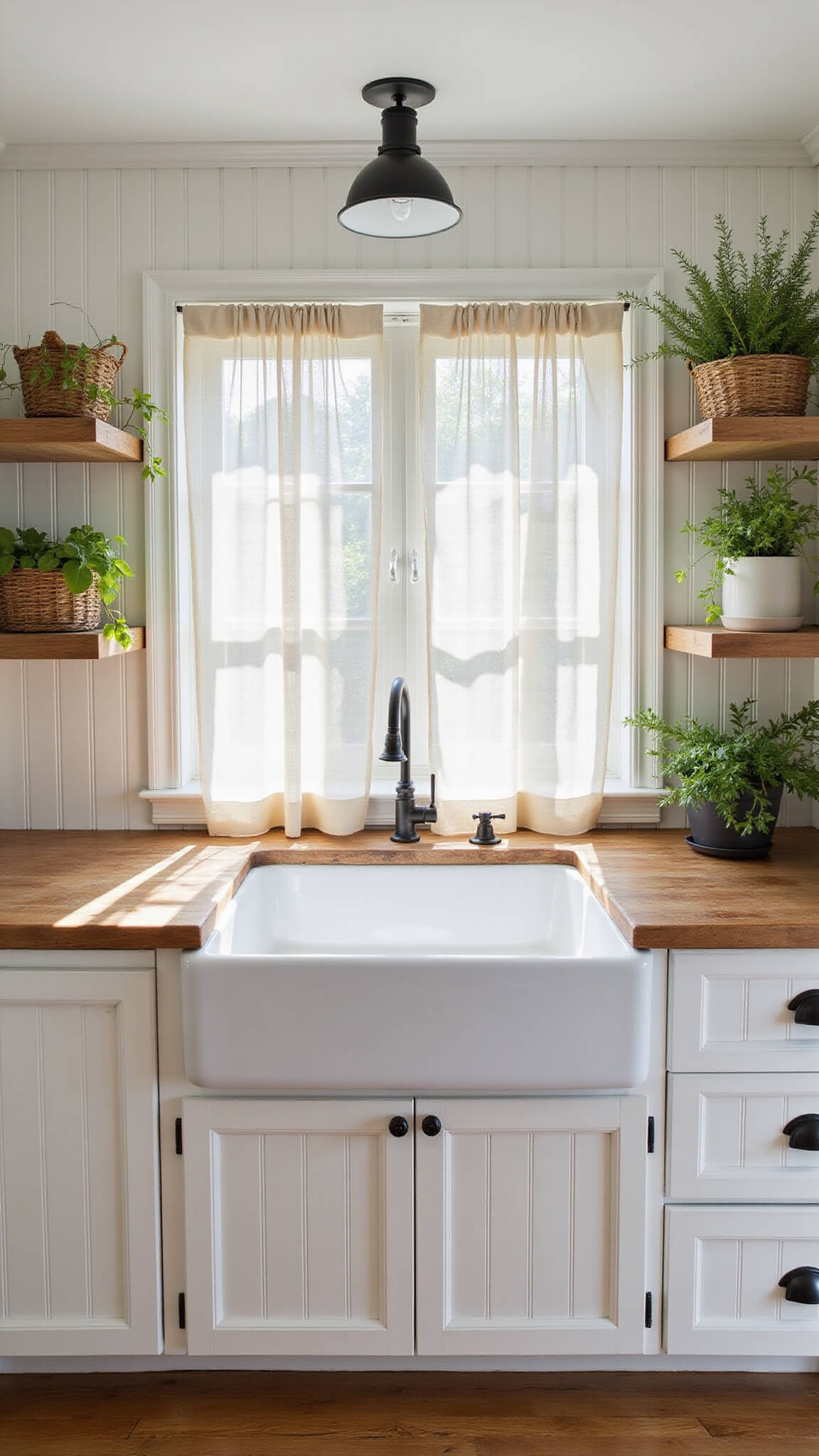 Cozy 10x12ft kitchen nook with antique white beadboard cabinets, farmhouse sink, butcher block counters, and sunlight filtering through sheer cafe curtains.