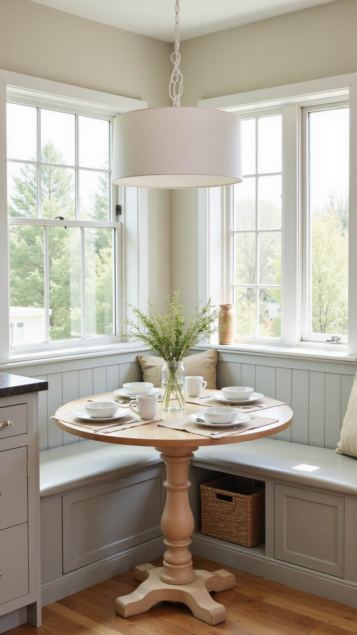 Low-angle view of bright kitchen nook with taupe cabinets, built-in banquette, white drum pendant, linen-set table, ceramic mugs, fresh flowers, and rattan basket under storage.