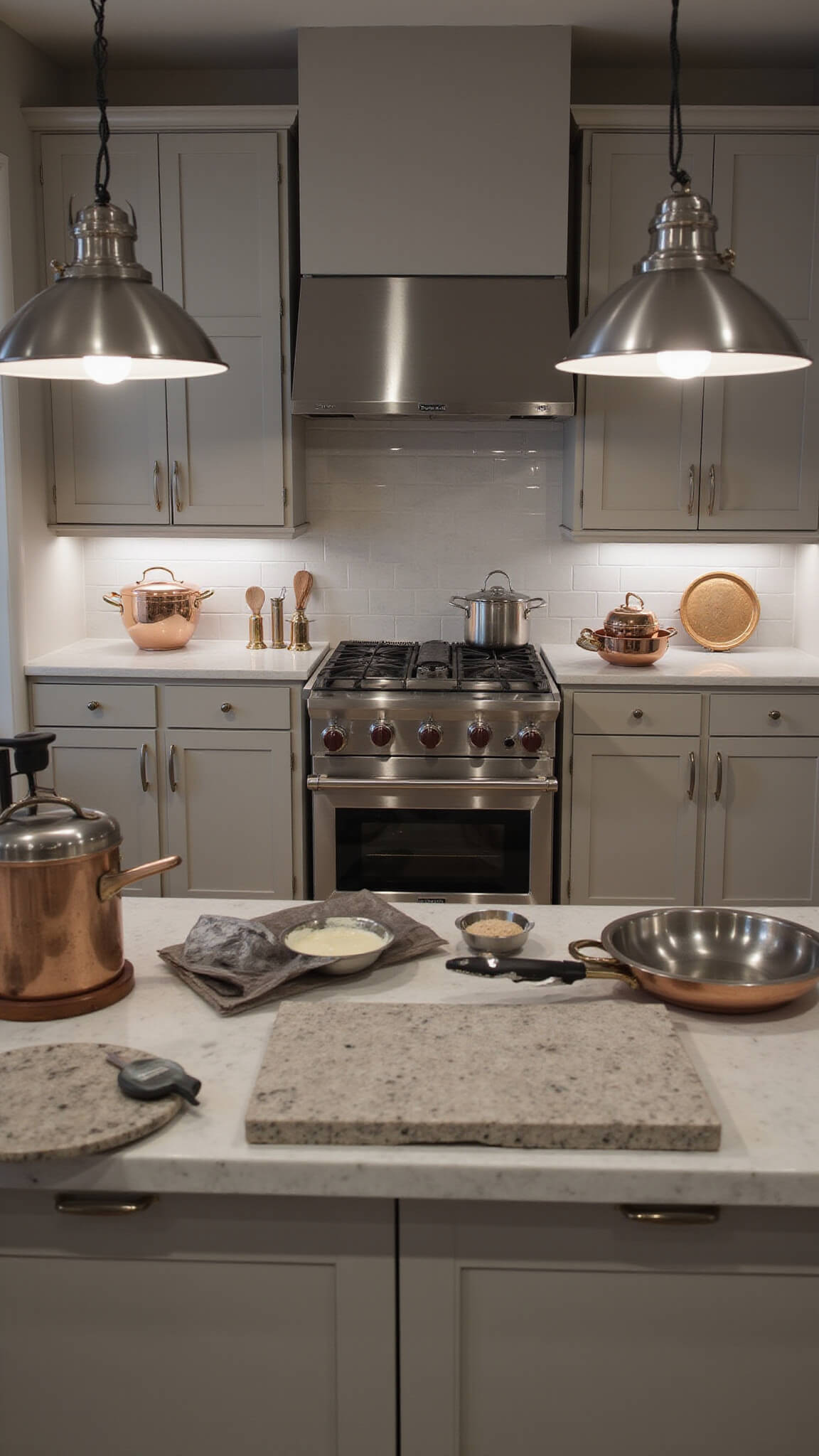 Overhead view of high-end 20x24ft chef's kitchen with light taupe cabinets, stainless steel appliances, marble prep area, and copper cookware.