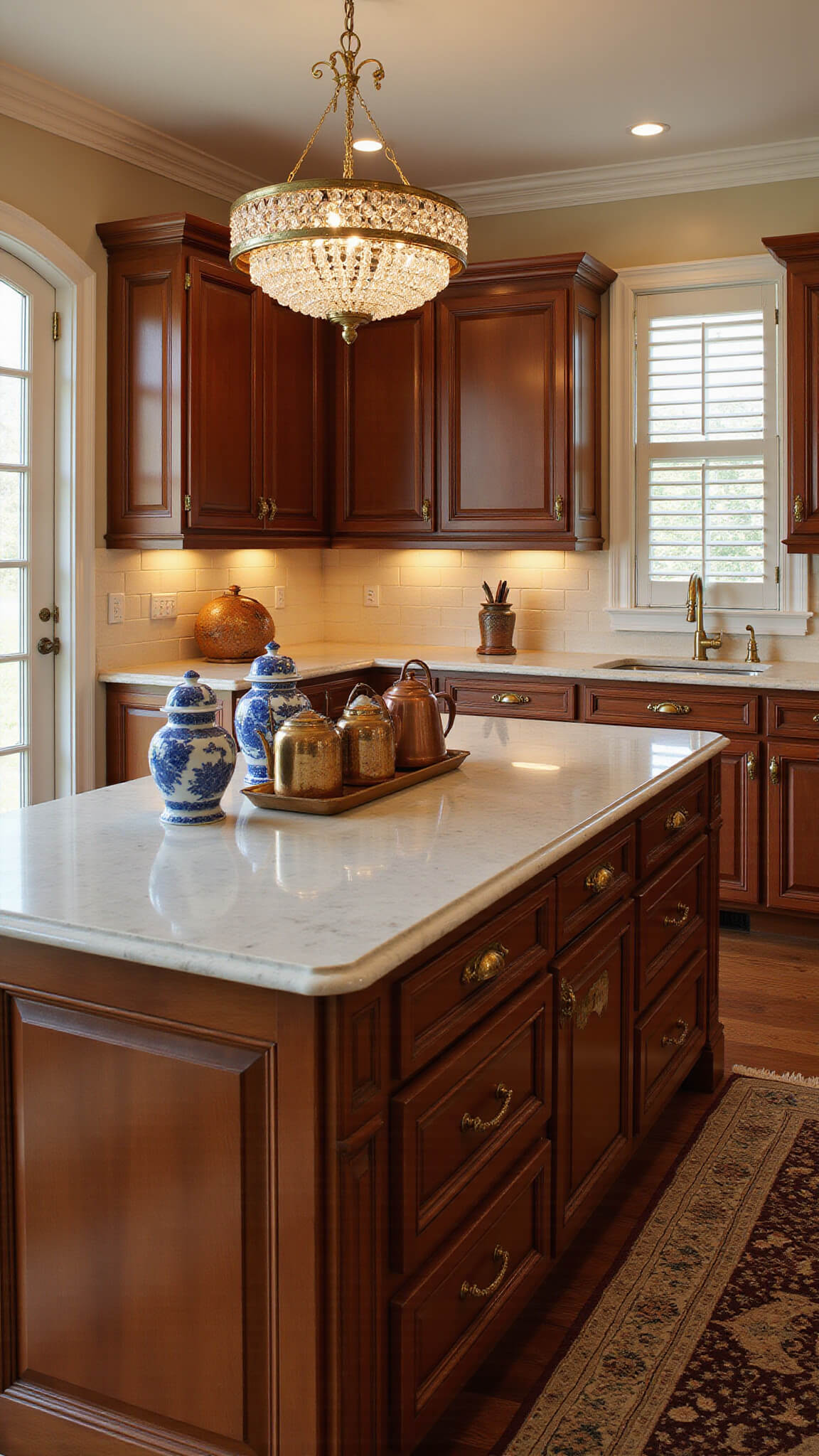 Traditional cherry wood kitchen with marble countertops, vintage decor, and warm golden hour lighting.