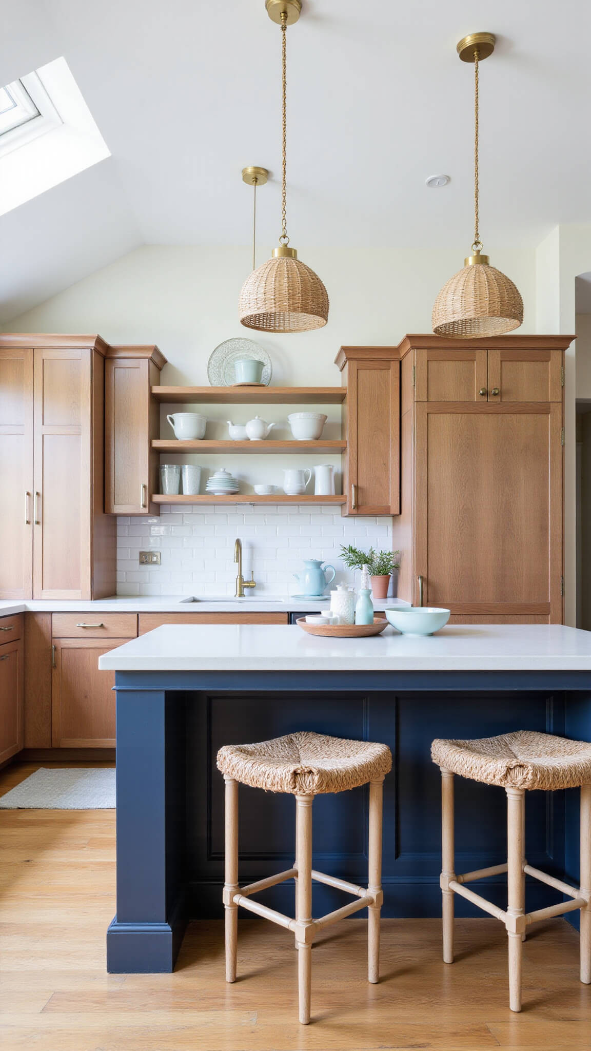 Airy transitional cherry kitchen with vaulted ceiling, navy island, rattan pendants, and coastal accents in natural light.