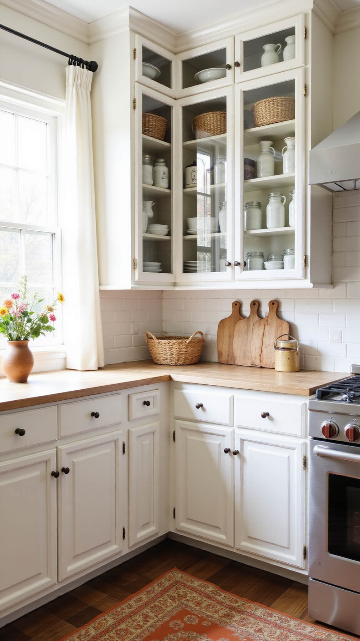 Bright morning kitchen with distressed white cabinets, glass-front uppers, sunlight through cafe curtains, organized pantry shelves with mason jars and baskets, vintage terracotta rug, ironstone pitchers, antique bread boards, and fresh flowers in earthenware vase.