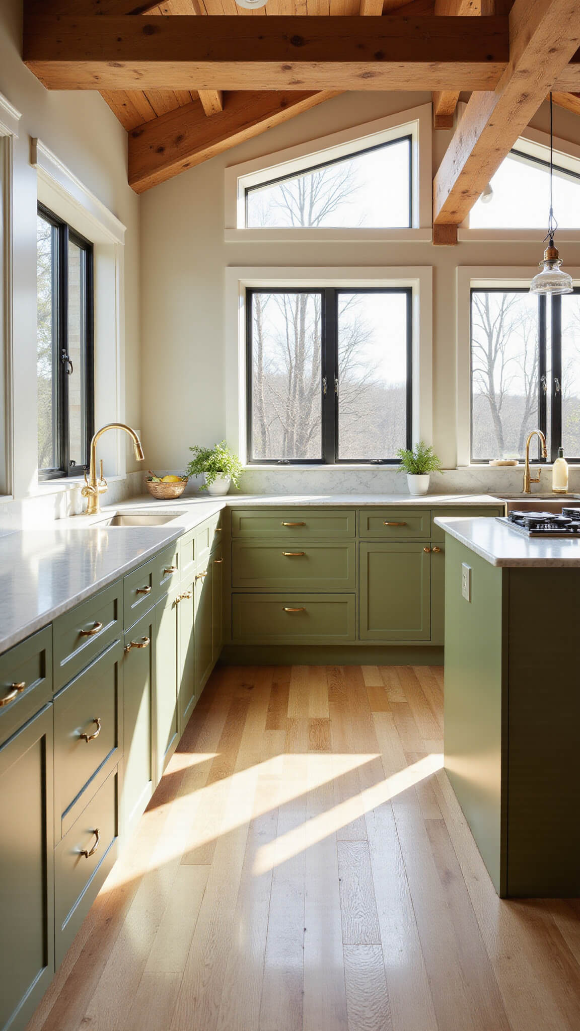 Sunlit olive green kitchen with floor-to-ceiling cabinets, white oak flooring, Calacatta marble island, brass pendant lights, and exposed wooden ceiling beams.
