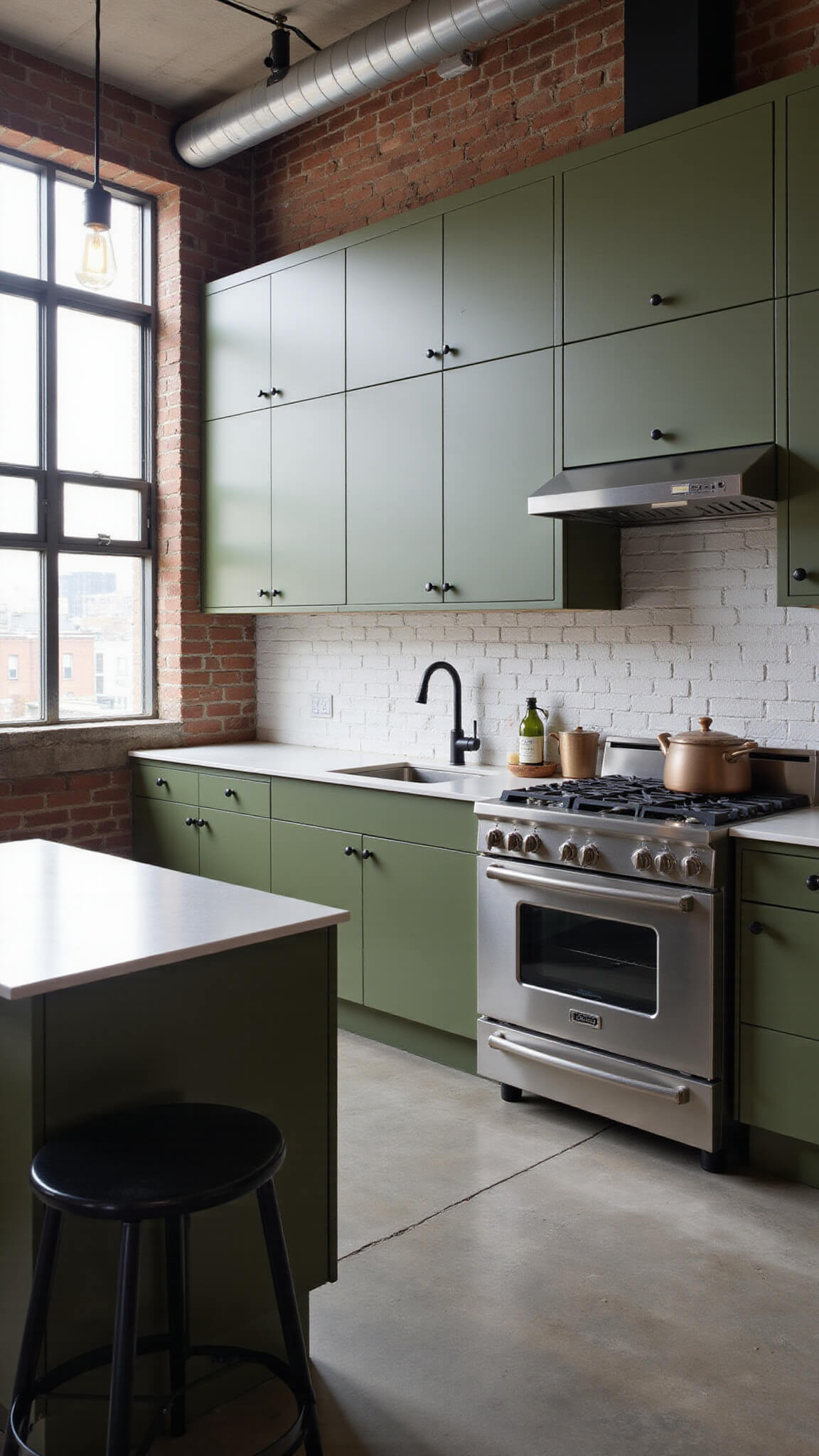 High-ceiling loft kitchen with olive green lower cabinets, polished concrete floors, matte black fixtures, Edison bulb chandelier, stainless steel appliances, and textured subway tile backsplash, bathed in morning light through factory windows.