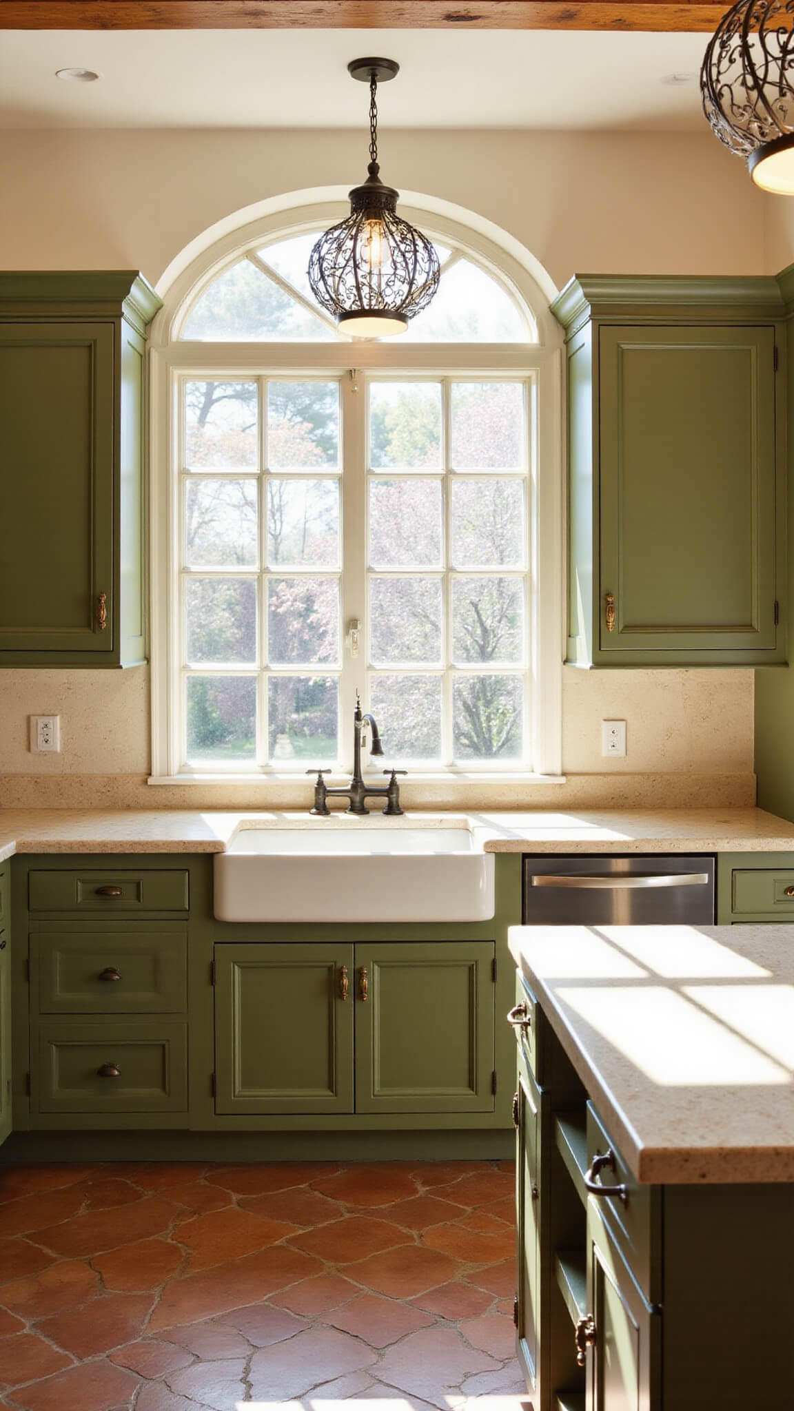 Mediterranean-style kitchen with olive green cabinets, terracotta tiles, arched window, and warm late afternoon light.