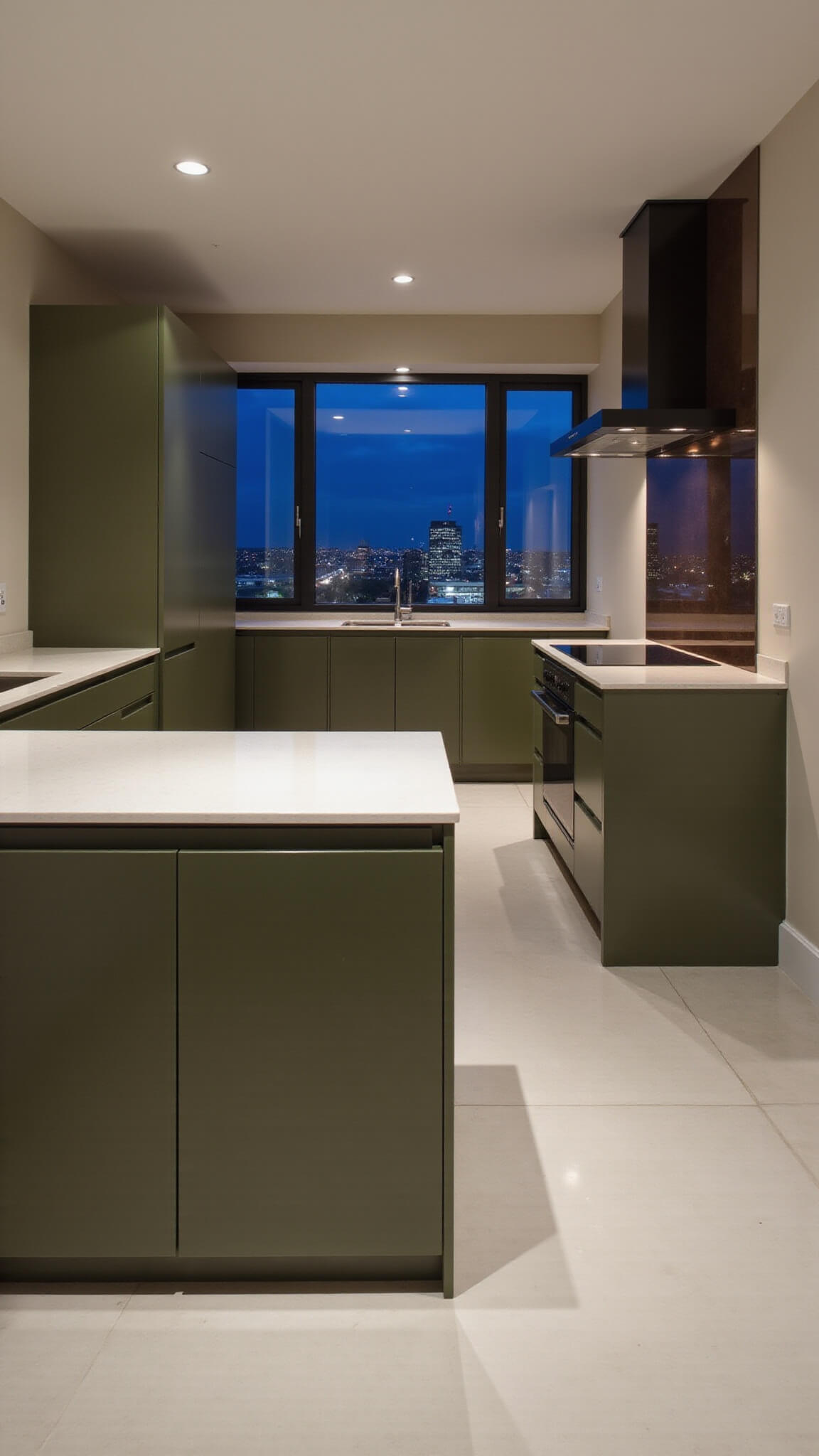 Contemporary minimalist 16x14ft kitchen with olive green matte cabinets, waterfall quartz island, hidden appliances, bronze mirror backsplash, and linear LED lighting at blue hour.