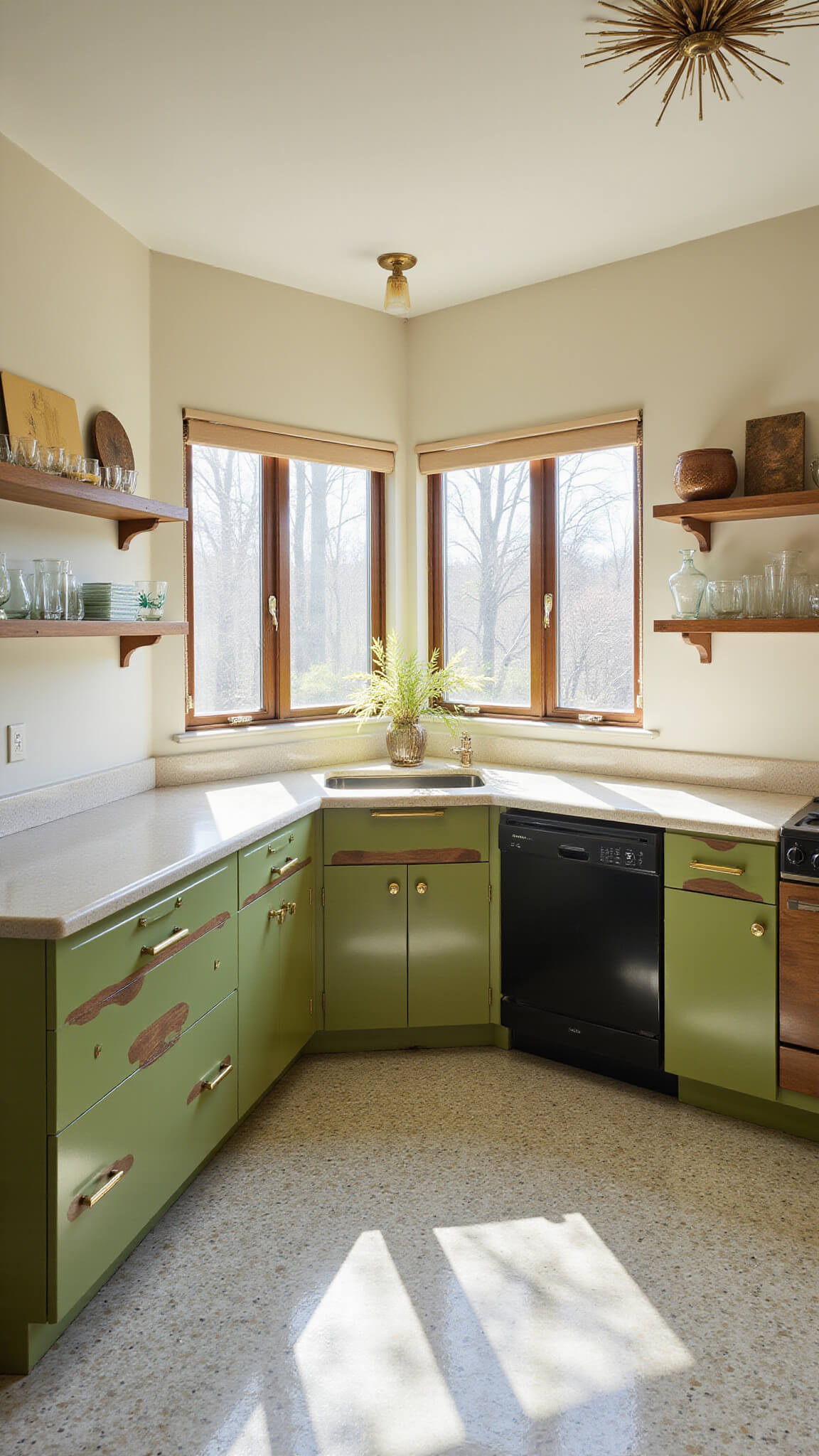 Low-angle view of mid-century kitchen with olive green cabinets, walnut inlays, geometric tile floor, starburst chandelier, rounded windows, floating shelves with vintage glassware, and brass accents in late morning light.